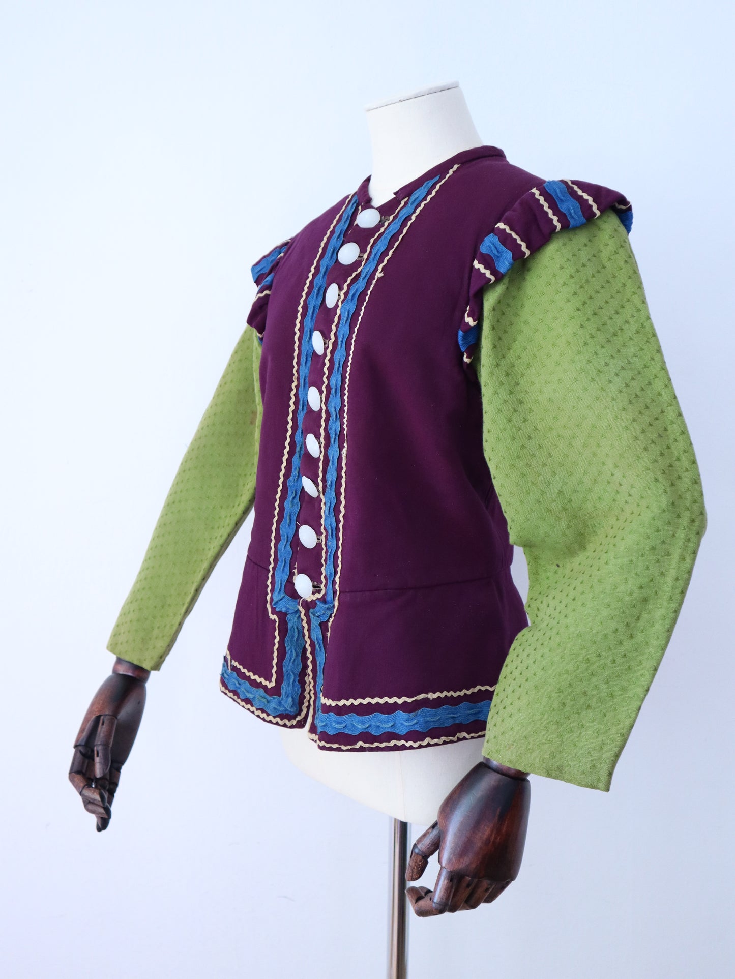 Antique French Opera Costume Jacket Purple Wool Green Cotton Sleeves Ribbon Trim Medieval Renaissance