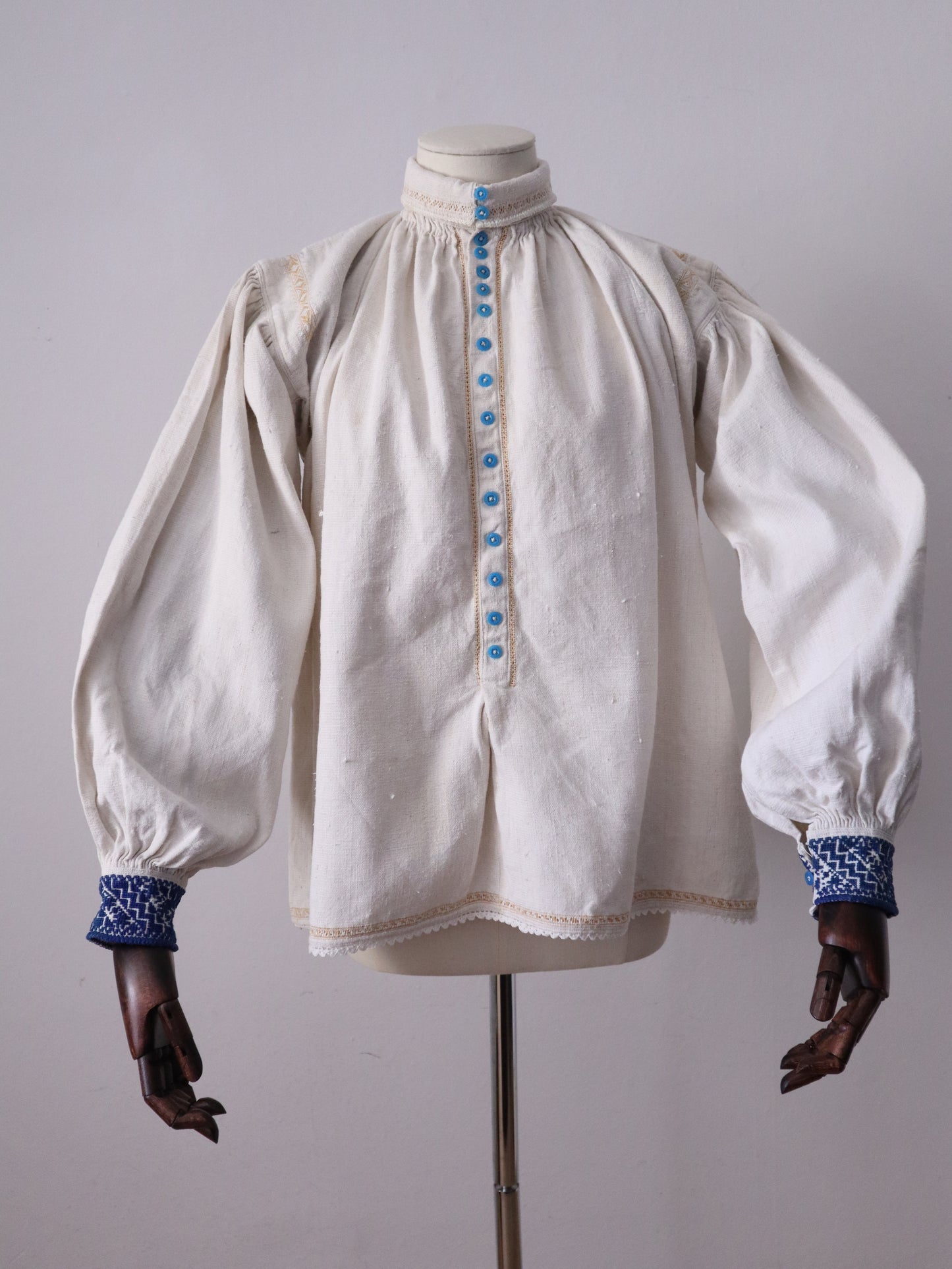1930s Transylvanian Folk Blouse Shirt Hand Woven Pleats Blue Glass Buttons Embroidery Traditional Romanian Linen Eastern European