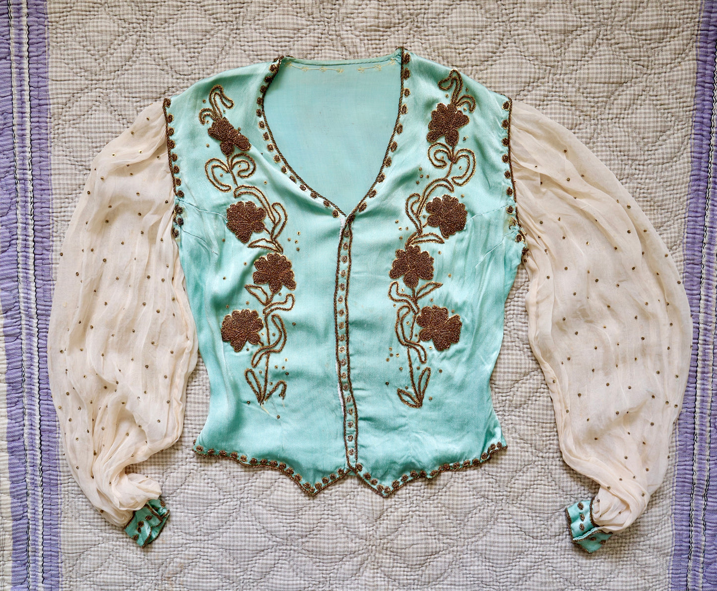 1950s Turquoise Silky Satin Two Piece Gold Beading Sequins Chiffon Sleeves Oriental Eastern