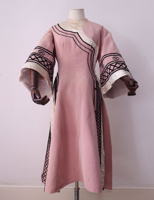 1930s -40s French Opera Tunic Dress by Henri Lebrun – Pink Grosgrain with Black Soutache Trim – Vintage Theatrical Costume