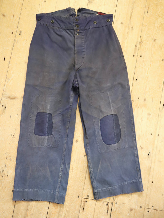 1950s French Le Salvetal Blue Moleskin Workwear Trousers Pants Patched Repairs Darned