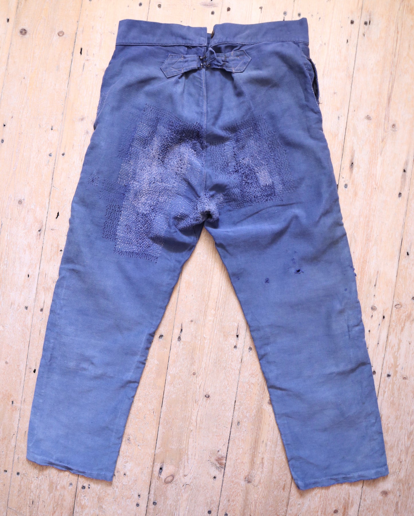1940s–1950s French Moleskin Workwear Trousers – “Le Parfait” with Patched and Darned Repairs