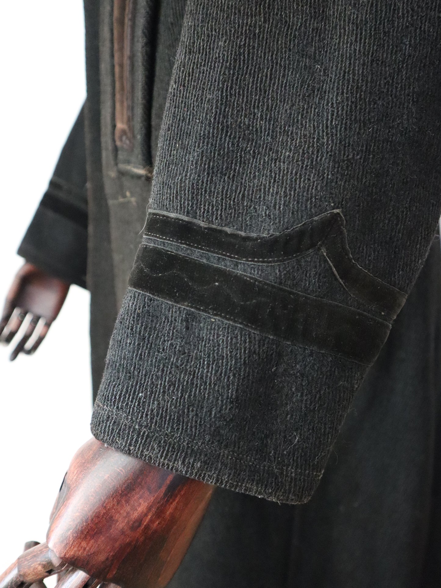 1920s Transylvanian Charcoal Black Wool Coat Traditional Folk Clothing Velvet Trim Stitching