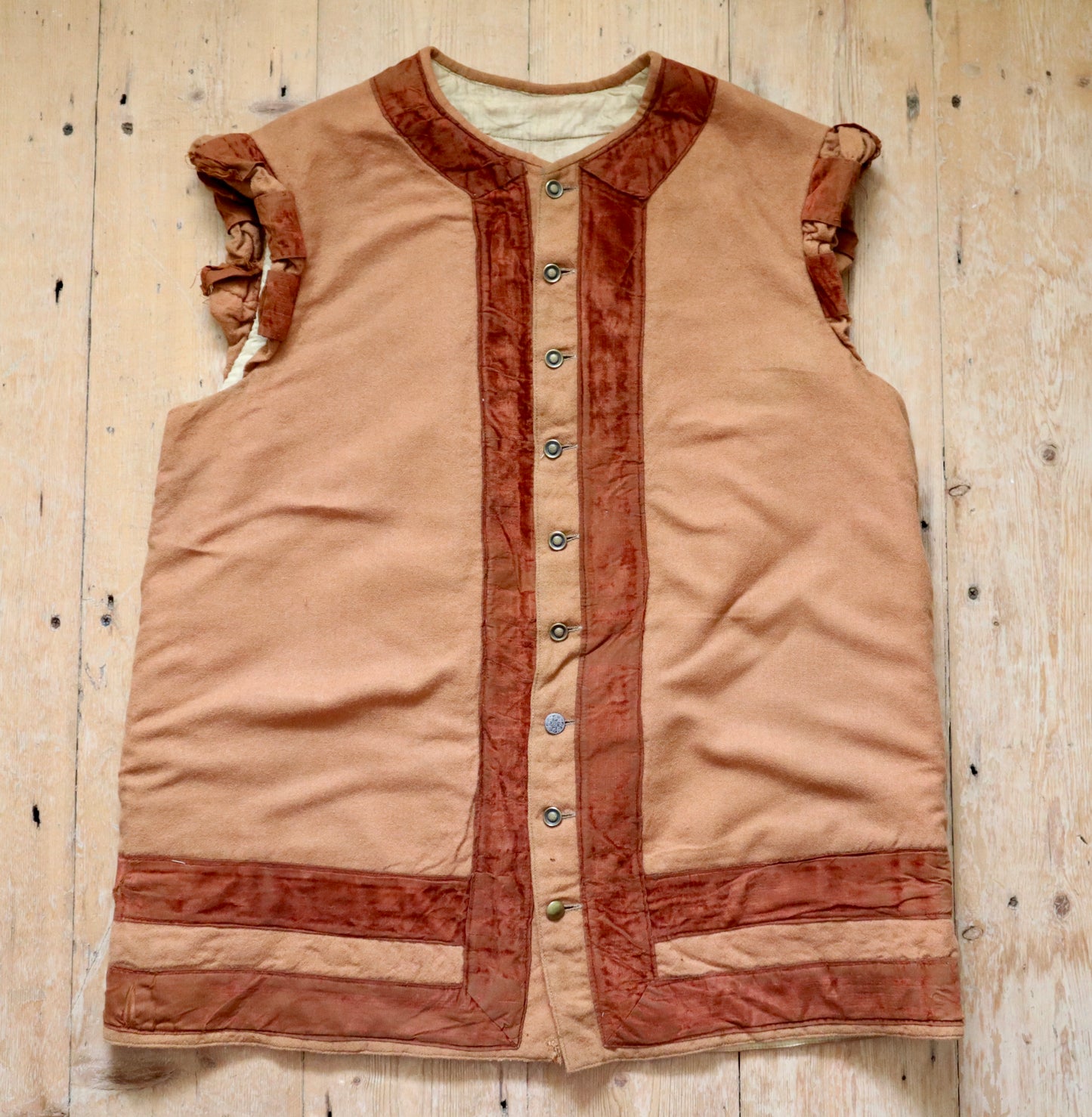 Antique French Opera Costume Tunic Gilet Wool Apricot Brown Silk Velvet Trim Medieval Renaissance