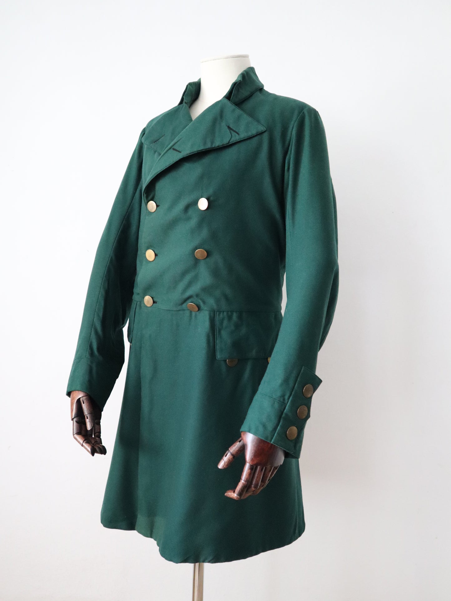 Late 19th century French green wool frock-style coat with brass buttons – marked “Aristide Boyer, Marseille” Opera Theatre Costume