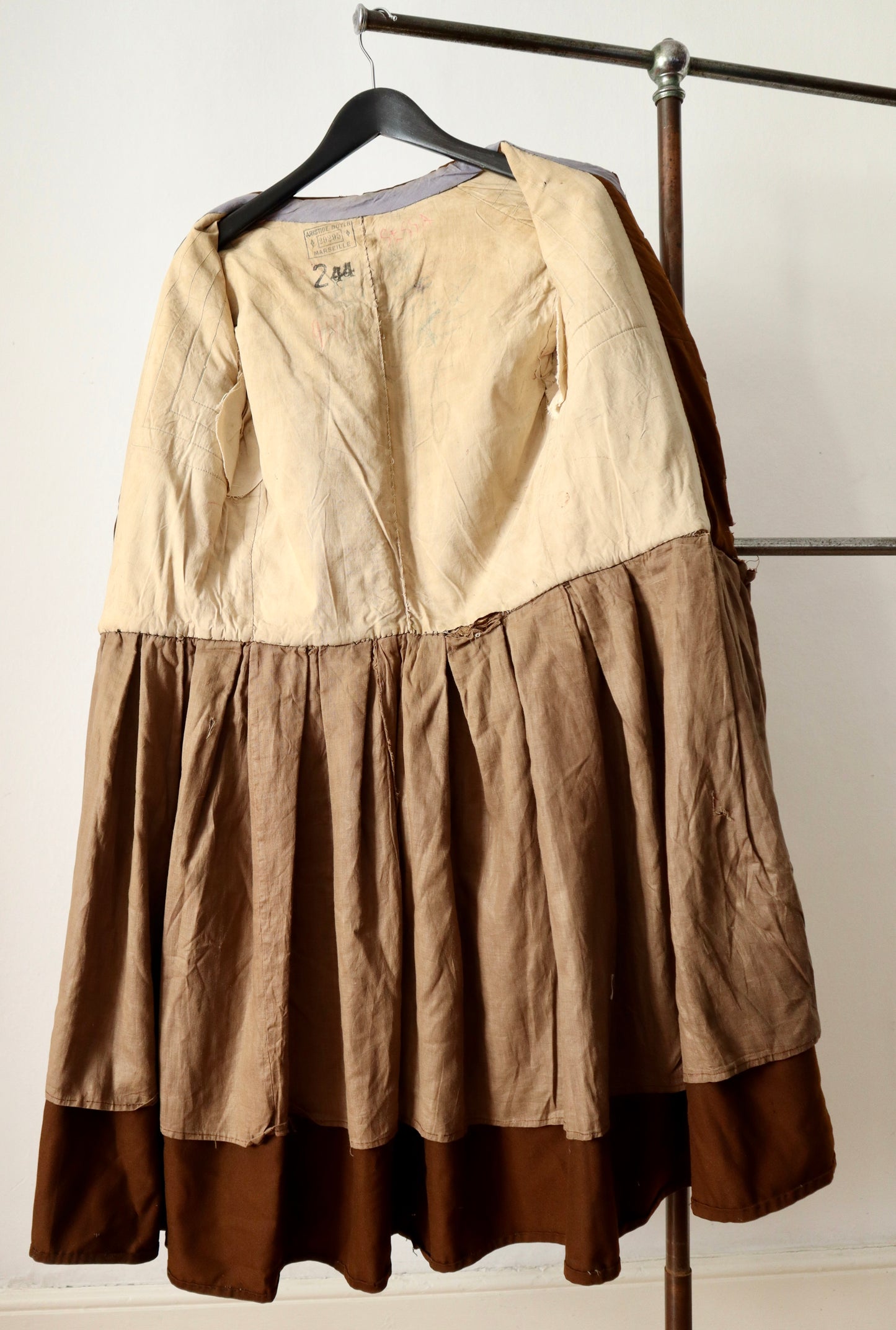 Antique French Opera Costume Tunic Brown Wool Cotton Puff Sleeve Renaissance Style 1910s
