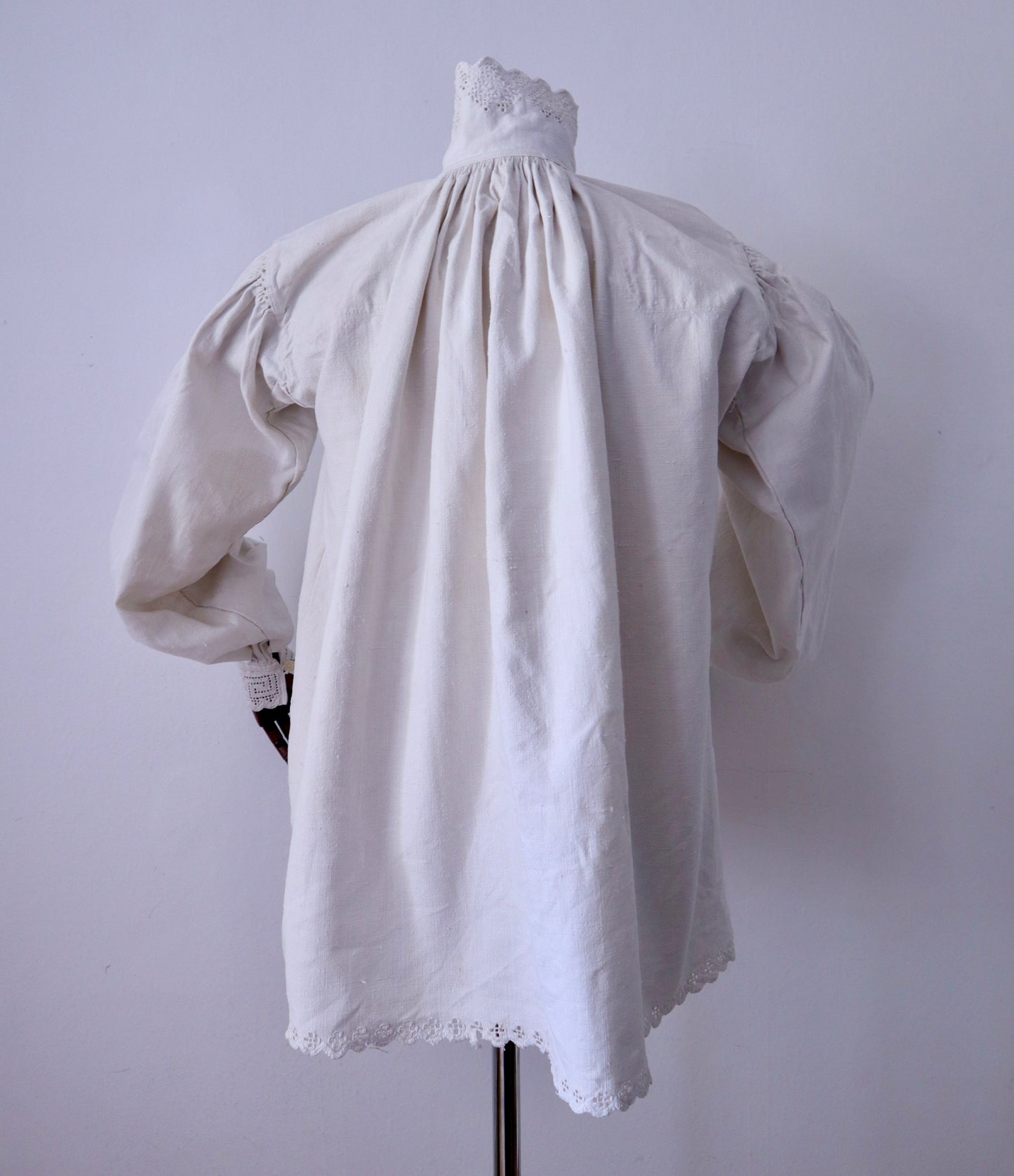 Handwoven Transylvanian Linen Folk Blouse with Cutwork Embroidery and Pressed Glass Buttons 1930s 1940s