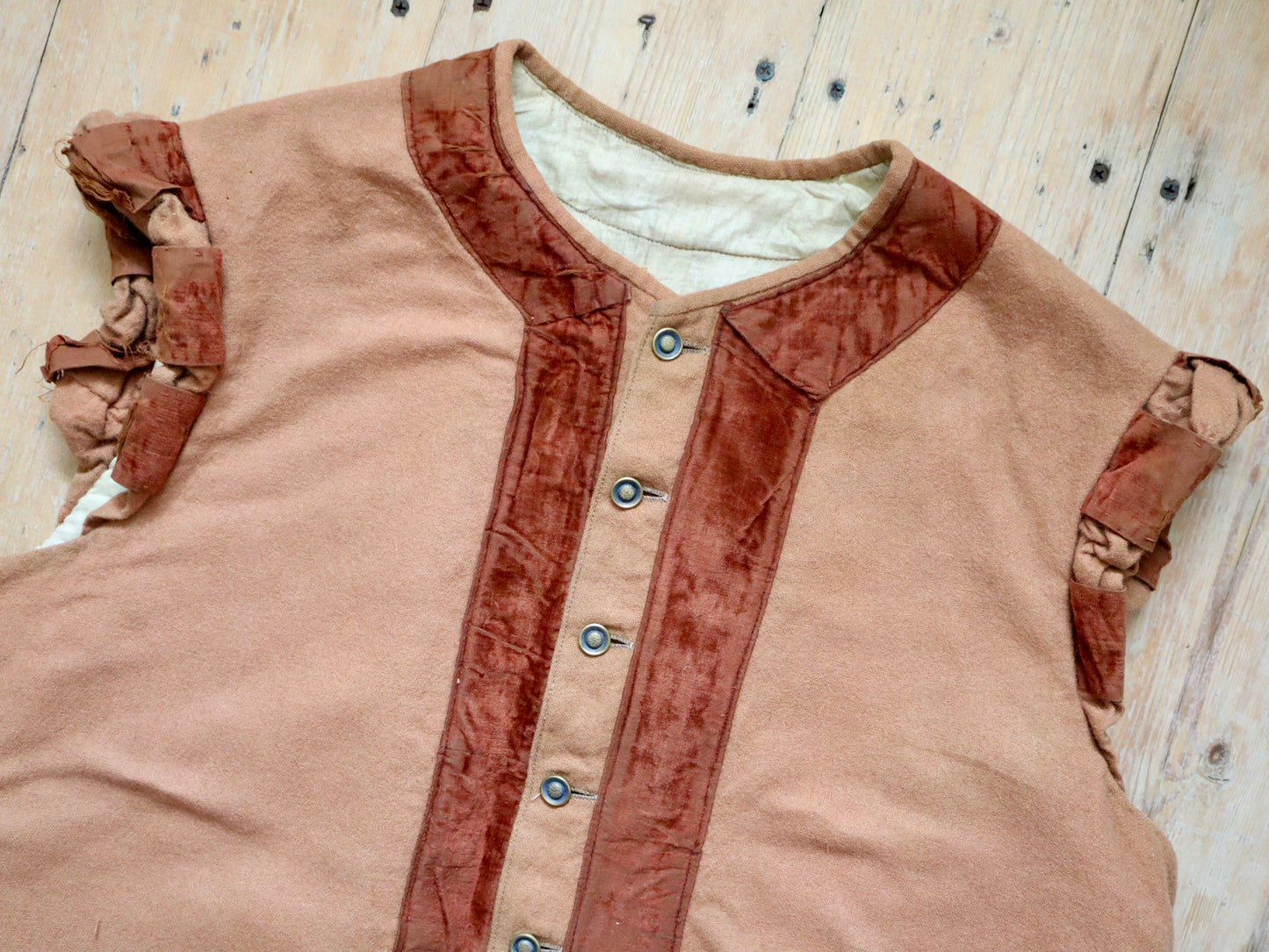 Antique French Opera Costume Tunic Gilet Wool Apricot Brown Silk Velvet Trim Medieval Renaissance
