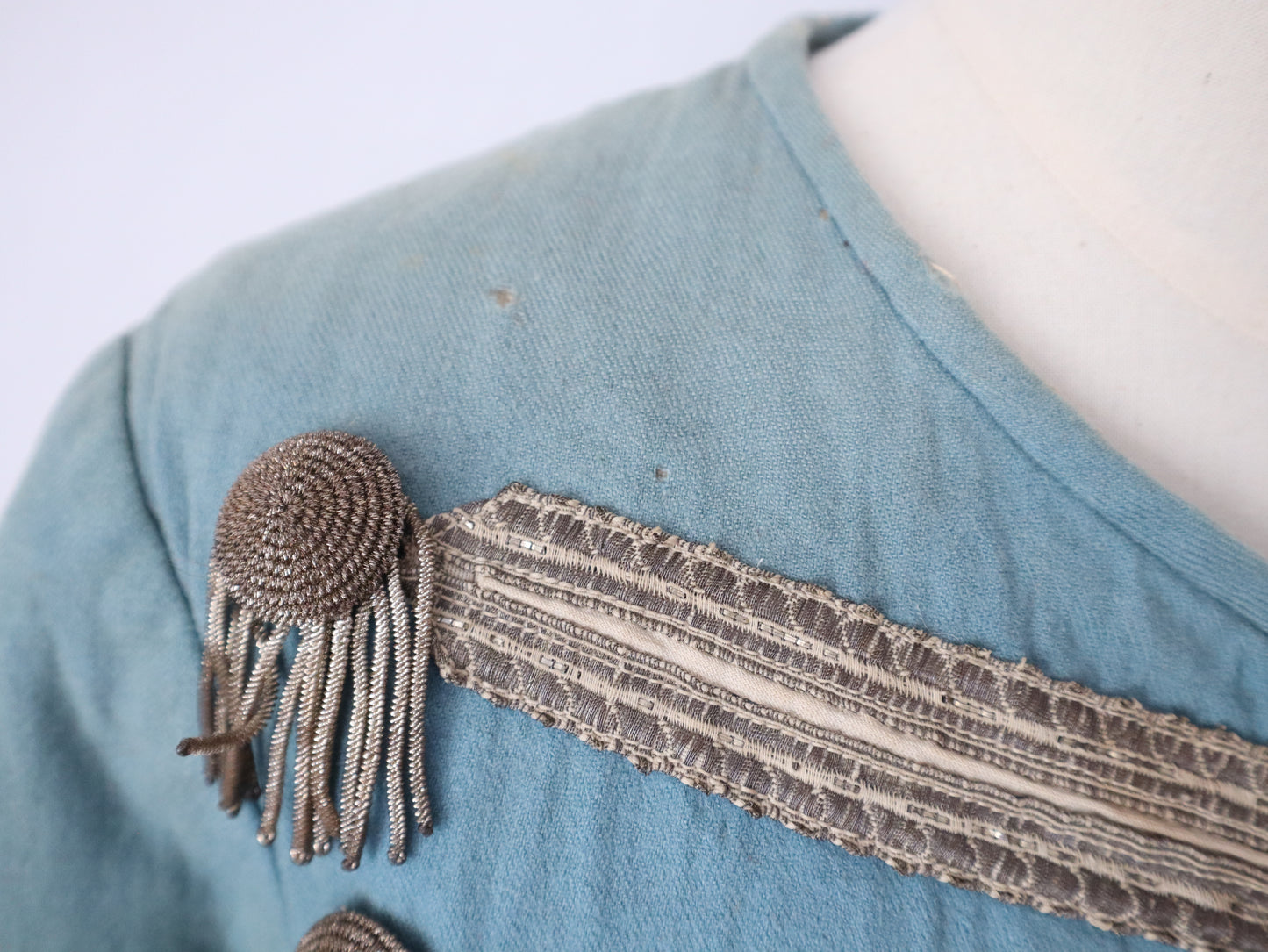 Antique 19th Century Theatrical Military-Style Jacket | Hand-Sewn Powder Blue Costume Coat  Metal Ribbon Trim Tassels