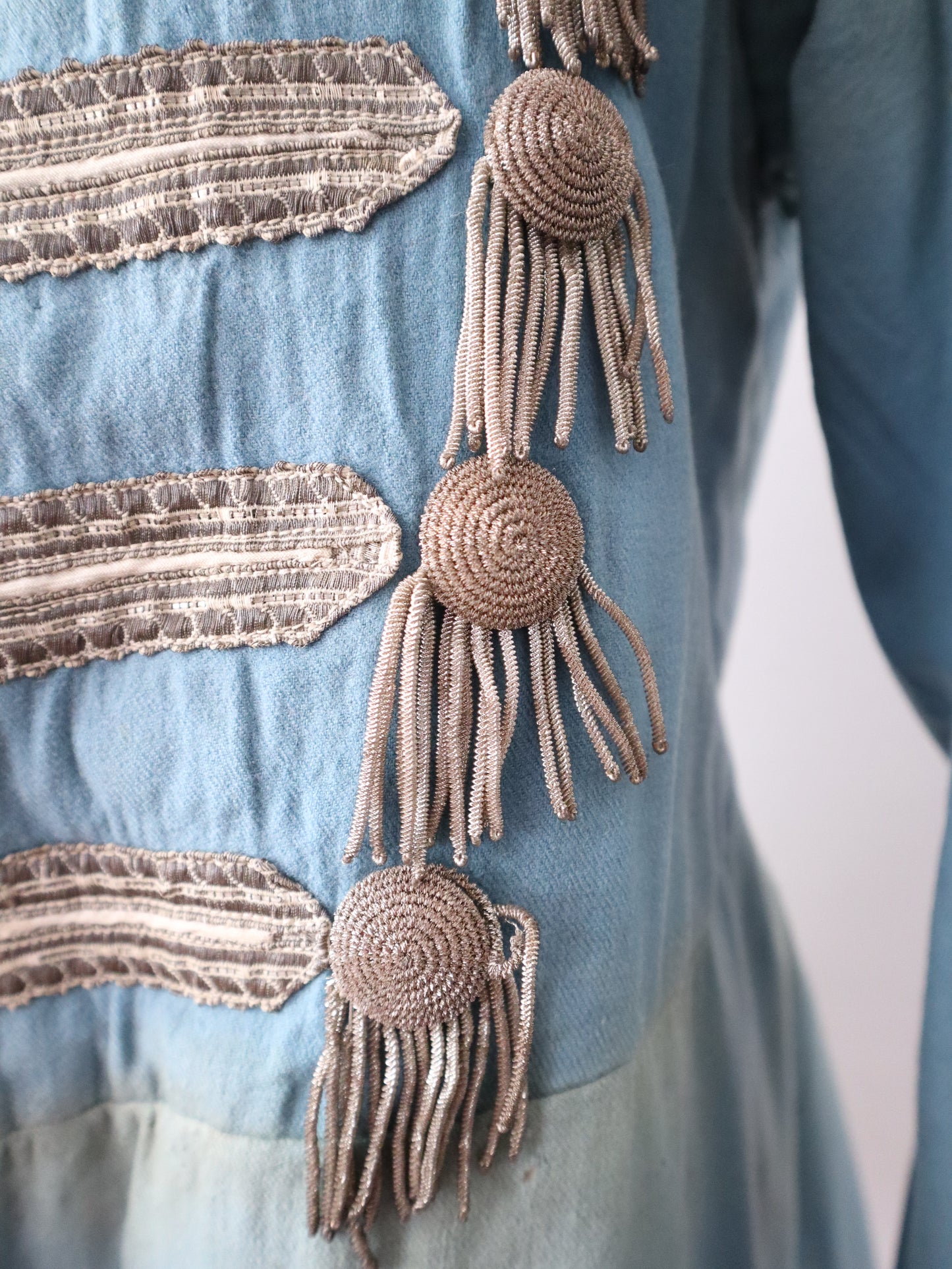 Antique 19th Century Theatrical Military-Style Jacket | Hand-Sewn Powder Blue Costume Coat  Metal Ribbon Trim Tassels