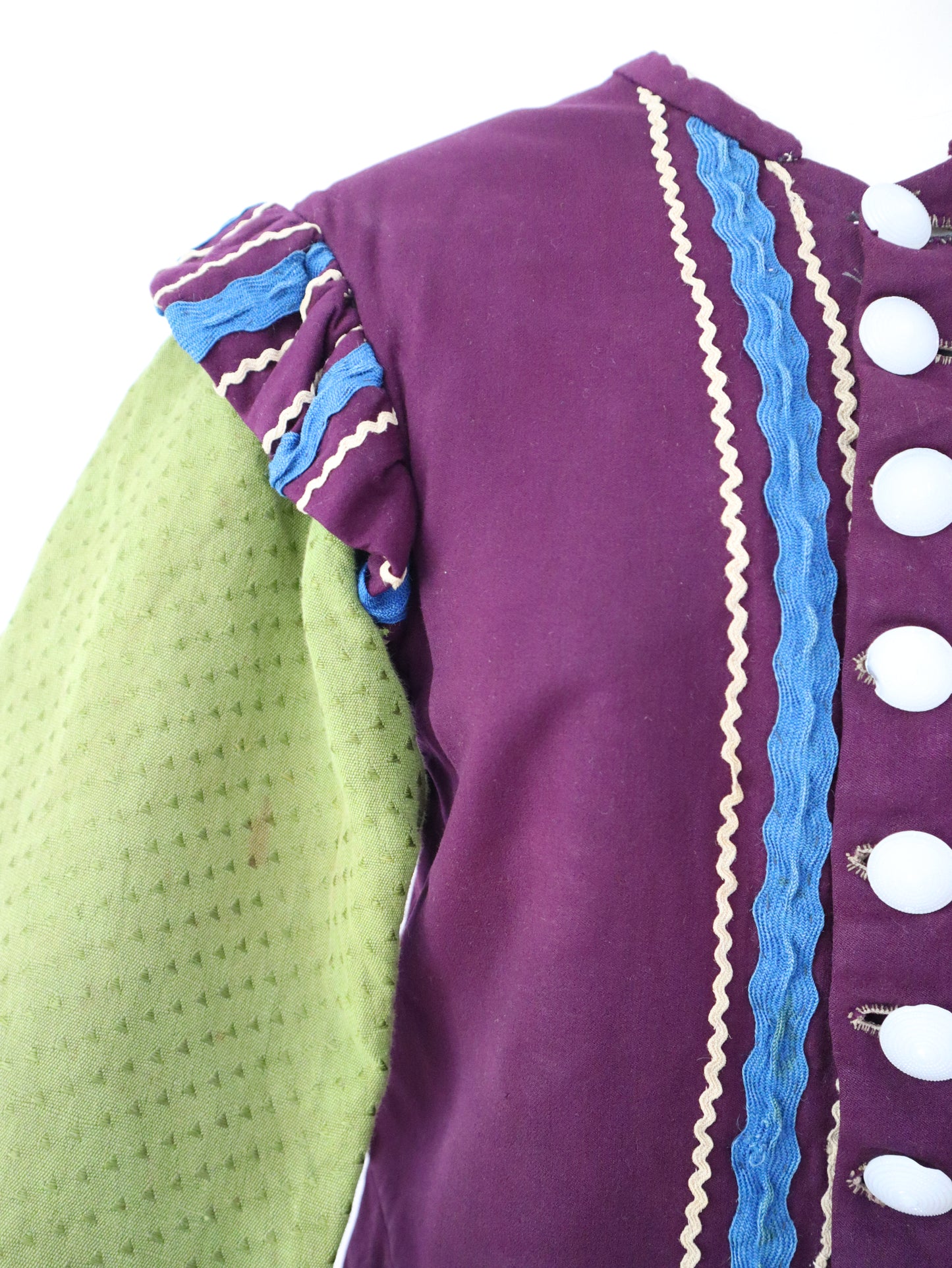 Antique French Opera Costume Jacket Purple Wool Green Cotton Sleeves Ribbon Trim Medieval Renaissance