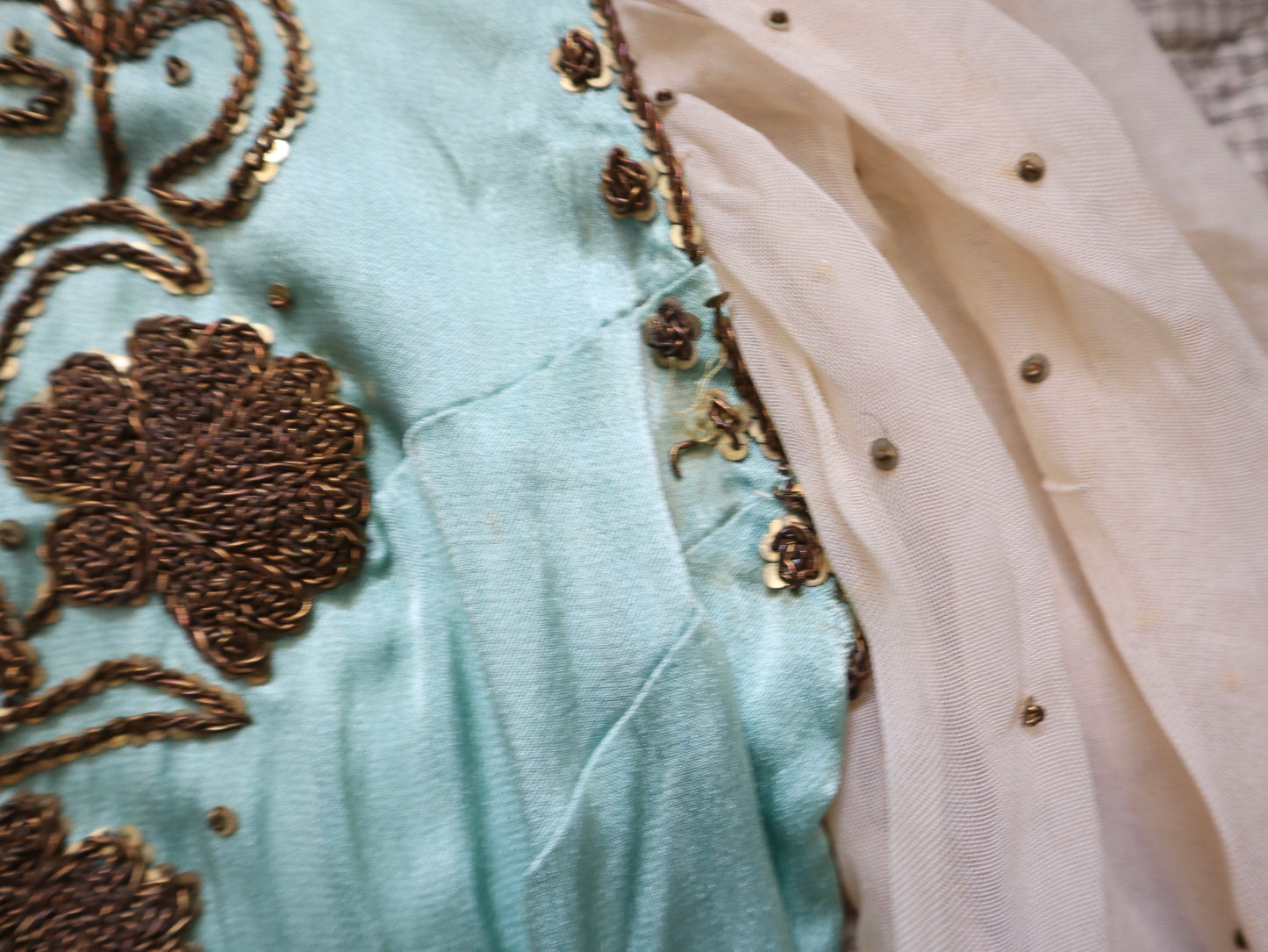 1950s Turquoise Silky Satin Two Piece Gold Beading Sequins Chiffon Sleeves Oriental Eastern