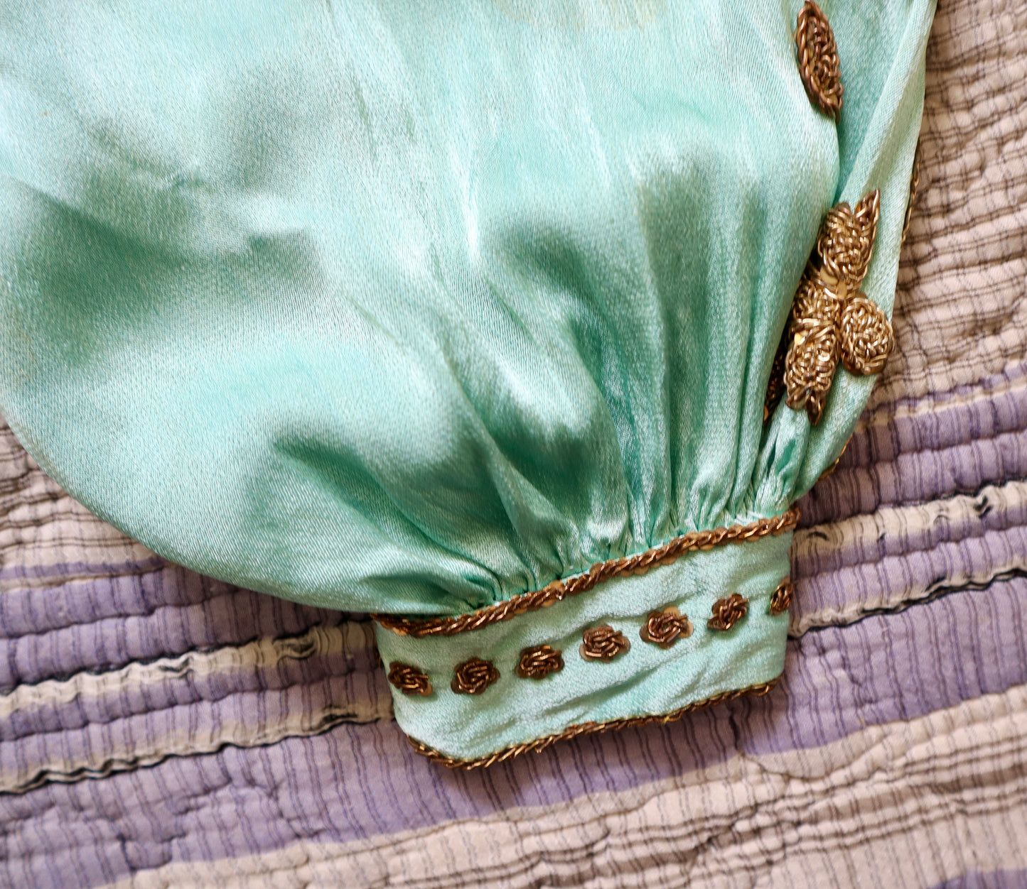 1950s Turquoise Silky Satin Two Piece Gold Beading Sequins Chiffon Sleeves Oriental Eastern