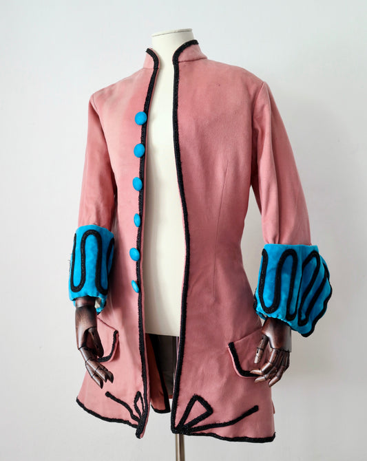 1950s French Opera House Costume Frock Coat 18th Century 1700s Marseille Pink Wool Cotton Lined Blue Velvet Cuffs Large Buttons