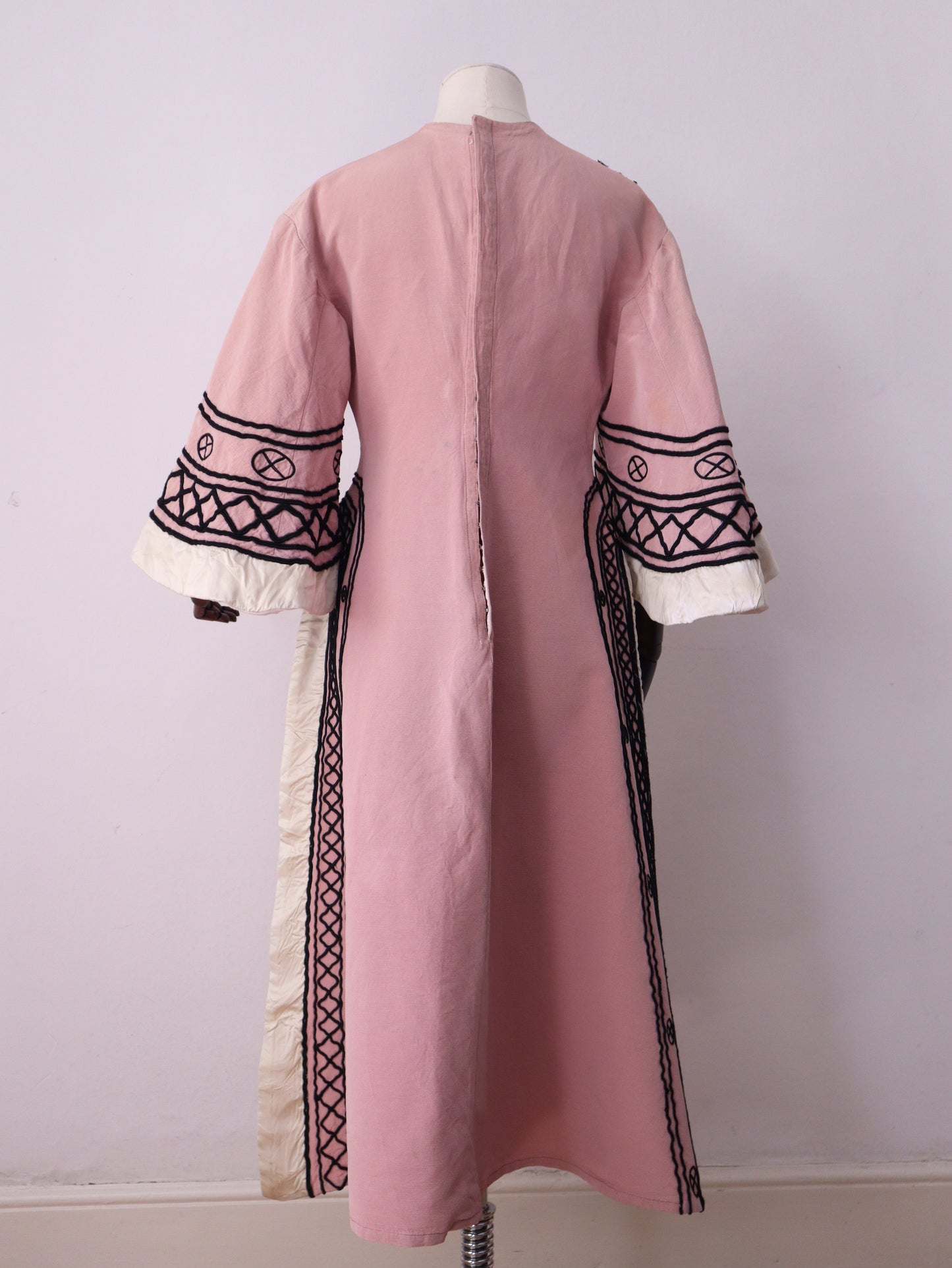 1930s -40s French Opera Tunic Dress by Henri Lebrun – Pink Grosgrain with Black Soutache Trim – Vintage Theatrical Costume