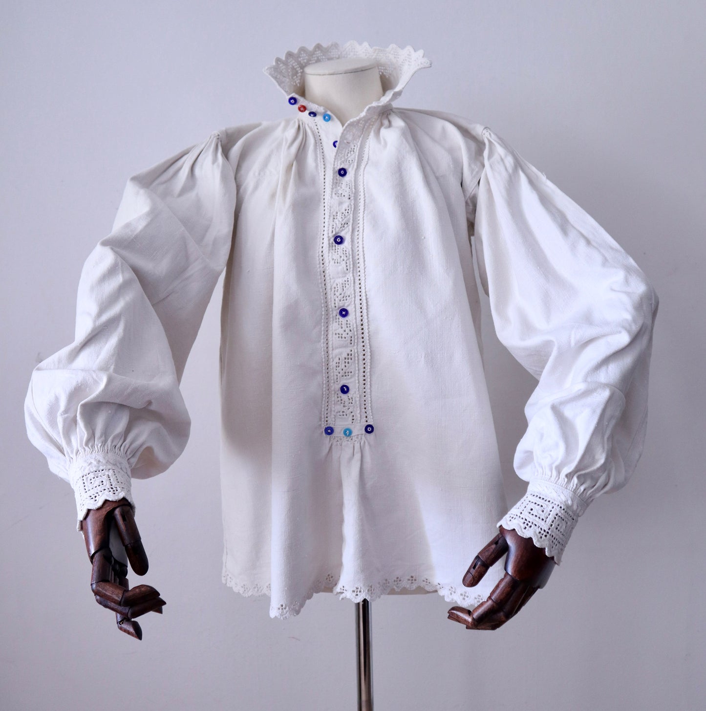 Handwoven Transylvanian Linen Folk Blouse with Cutwork Embroidery and Pressed Glass Buttons 1930s 1940s