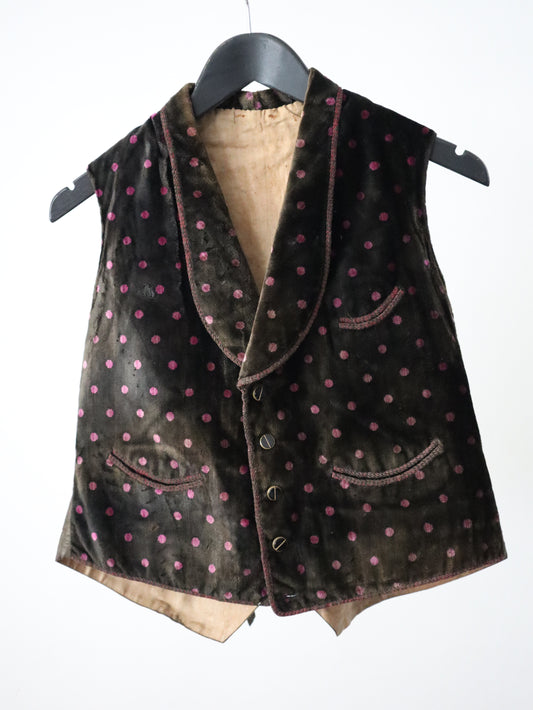Antique Early 1900s French Silk Velvet Waistcoat with Purple Polkadots