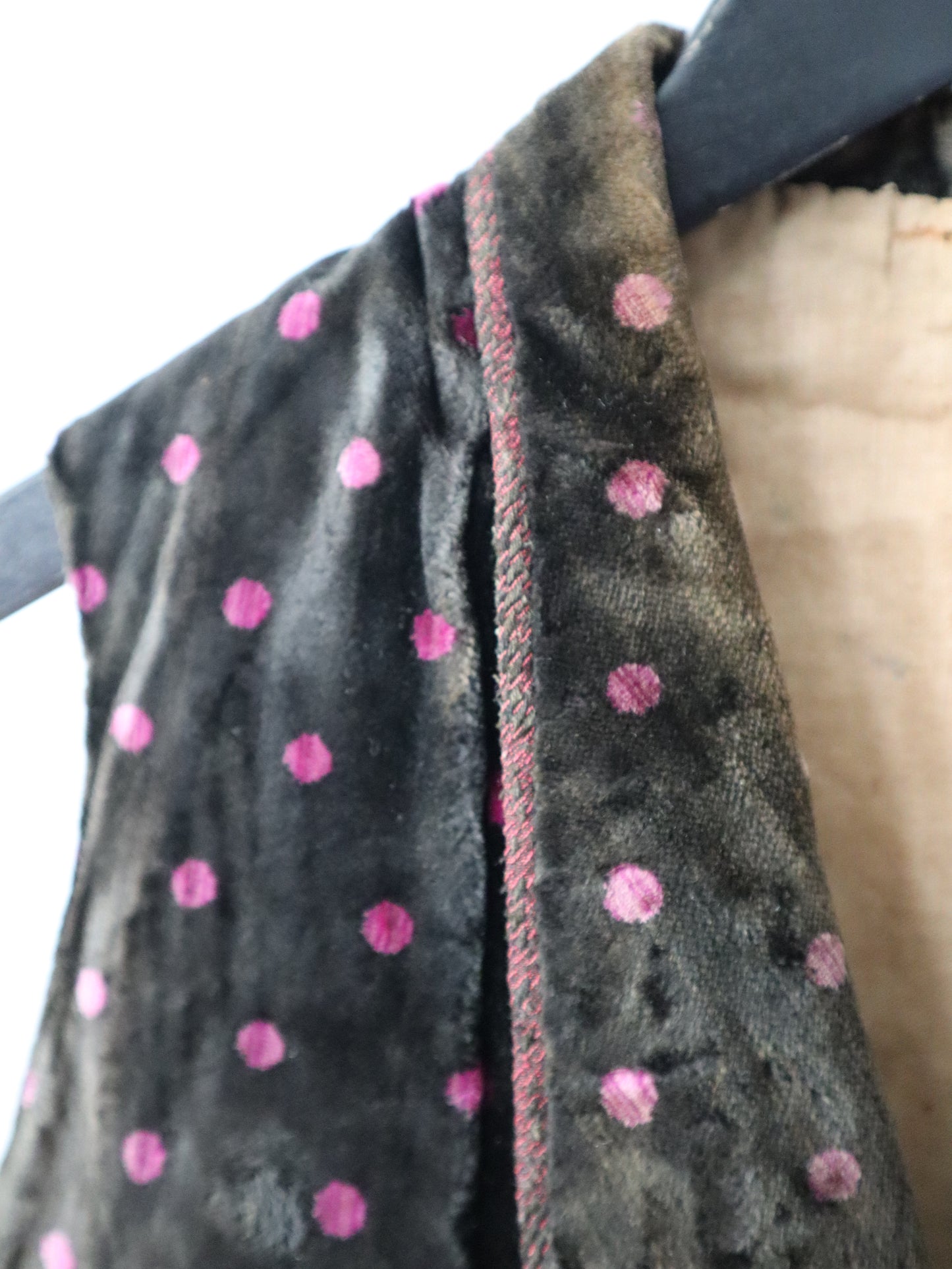 Antique Early 1900s French Silk Velvet Waistcoat with Purple Polkadots