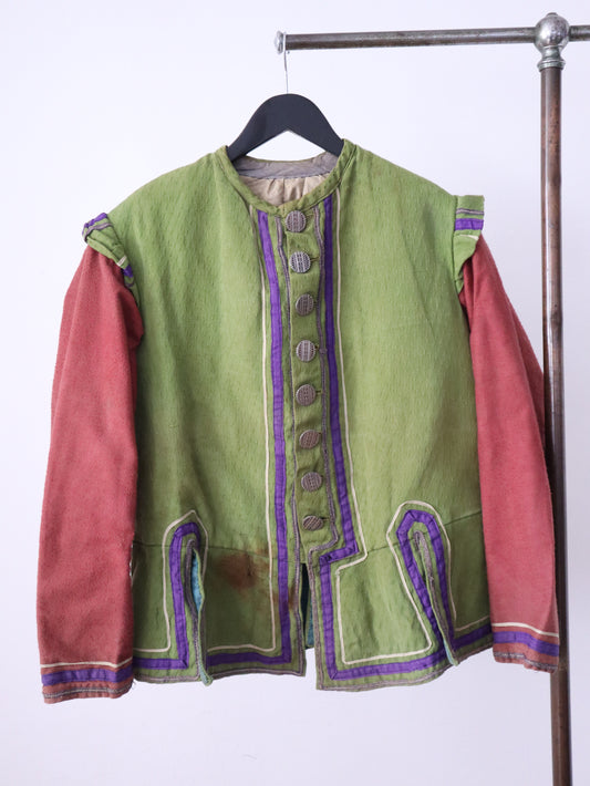 Antique French Opera Costume Jacket – Early 1900s, Green & Red Cotton, Aristide Boyer Marseille