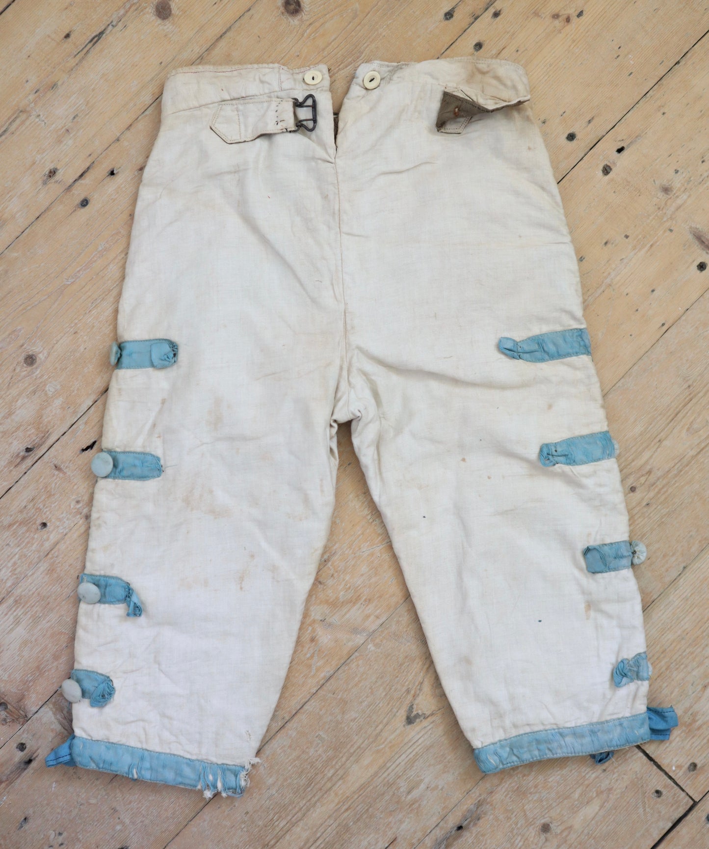Antique French Theatre Costume Trousers Breeches Pants 18th Century Style White Blue Cotton Silk Opera