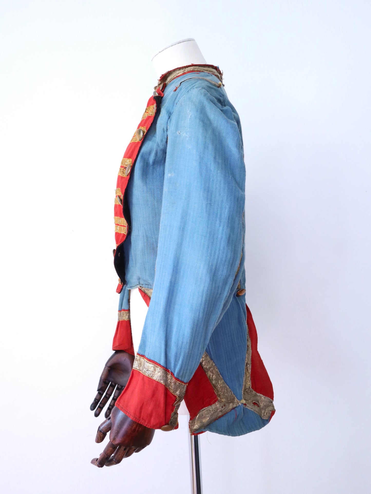 Antique French Theatre Costume 19th Century Military Style Indigo Blue Red Sun Fade Gold Ribbon Trim Brass Buttons