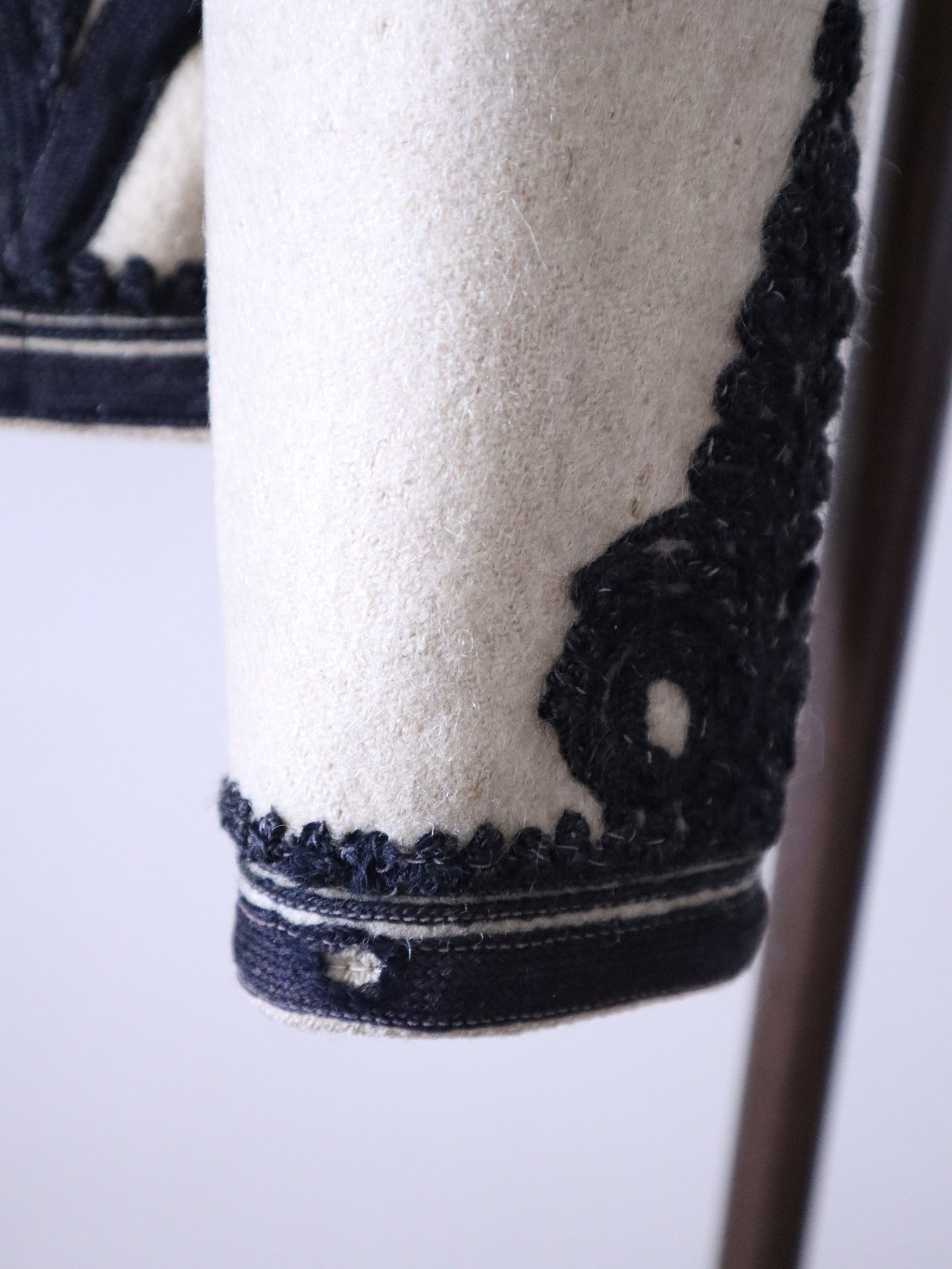 1930s Transylvanian Folk Jacket – Cream Wool with Black Soutache Embroidery – Indigo Cotton Twill Lining – Traditional Vintage Coat
