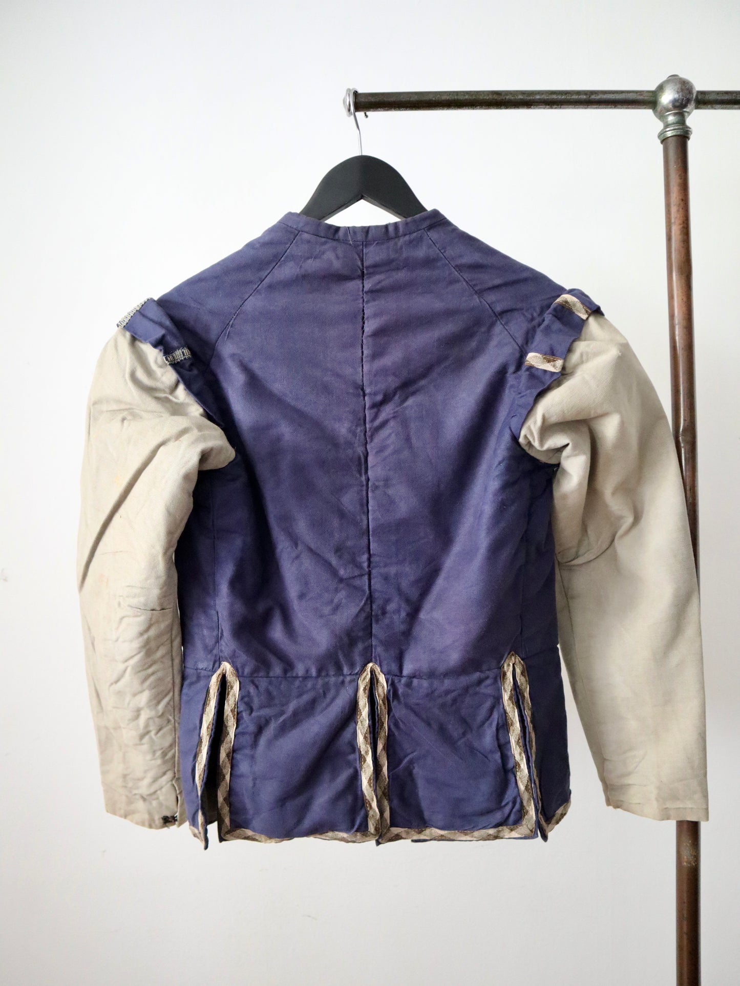 Antique French Opera Costume Jacket Blue Cotton Grey Sleeves Ribbon Trim Medieval Renaissance