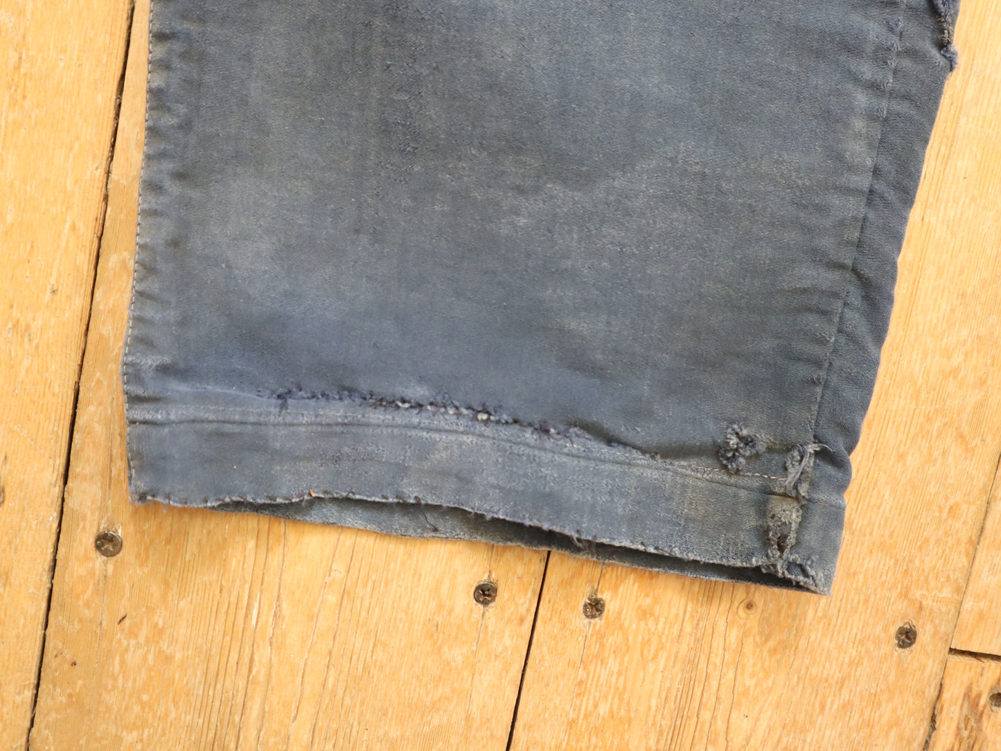 French Le Mont St Michel Blue Moleskin Workwear Trousers Pants Repairs Darned 1950s