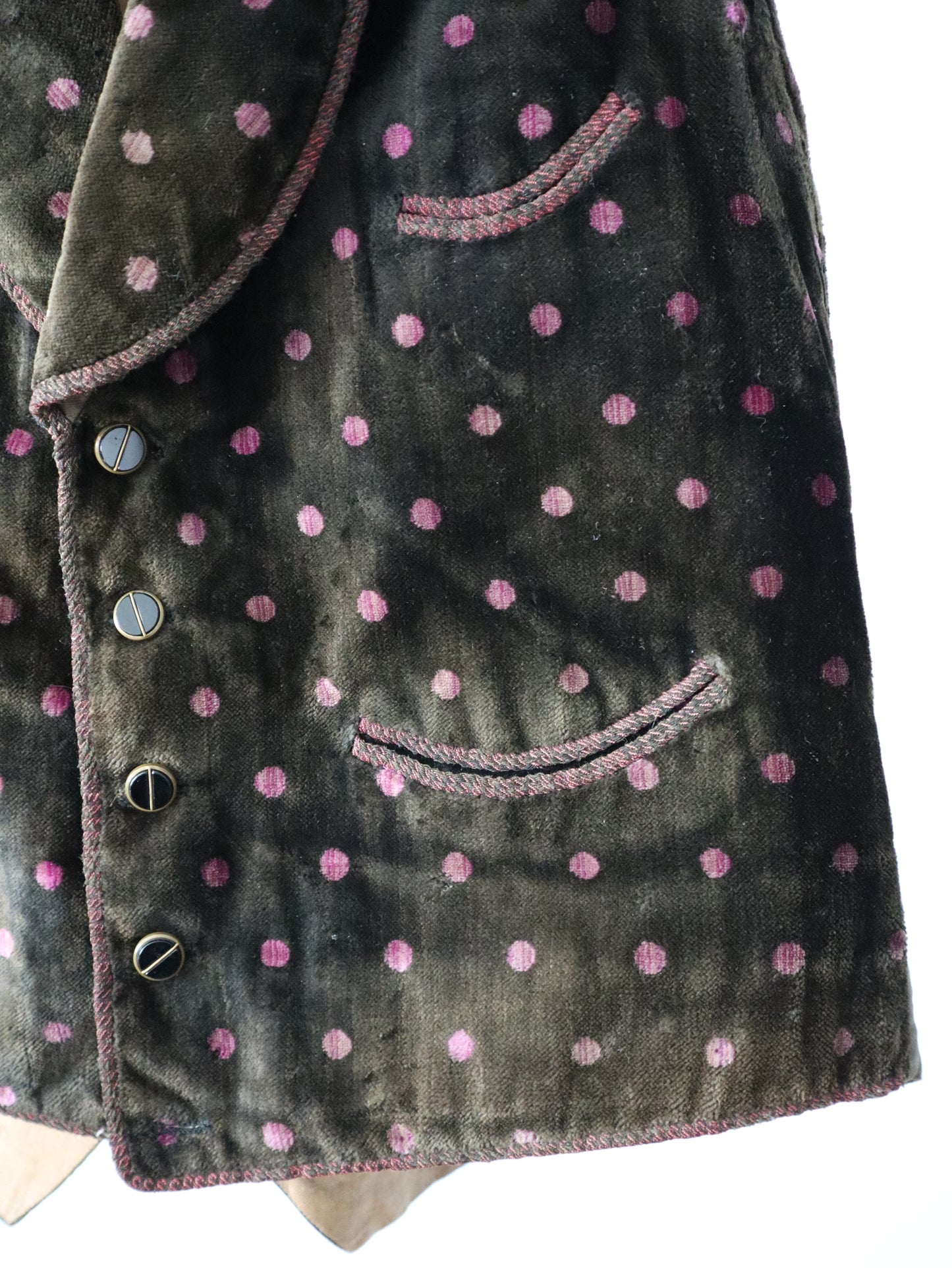 Antique Early 1900s French Silk Velvet Waistcoat with Purple Polkadots