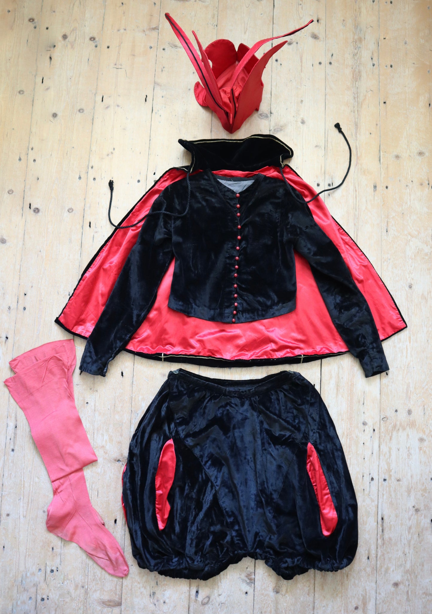 Antique 1910s - 20s French Mephistopheles costume delightful silk velvet complete five piece set child jacket cape breeches Devil Halloween