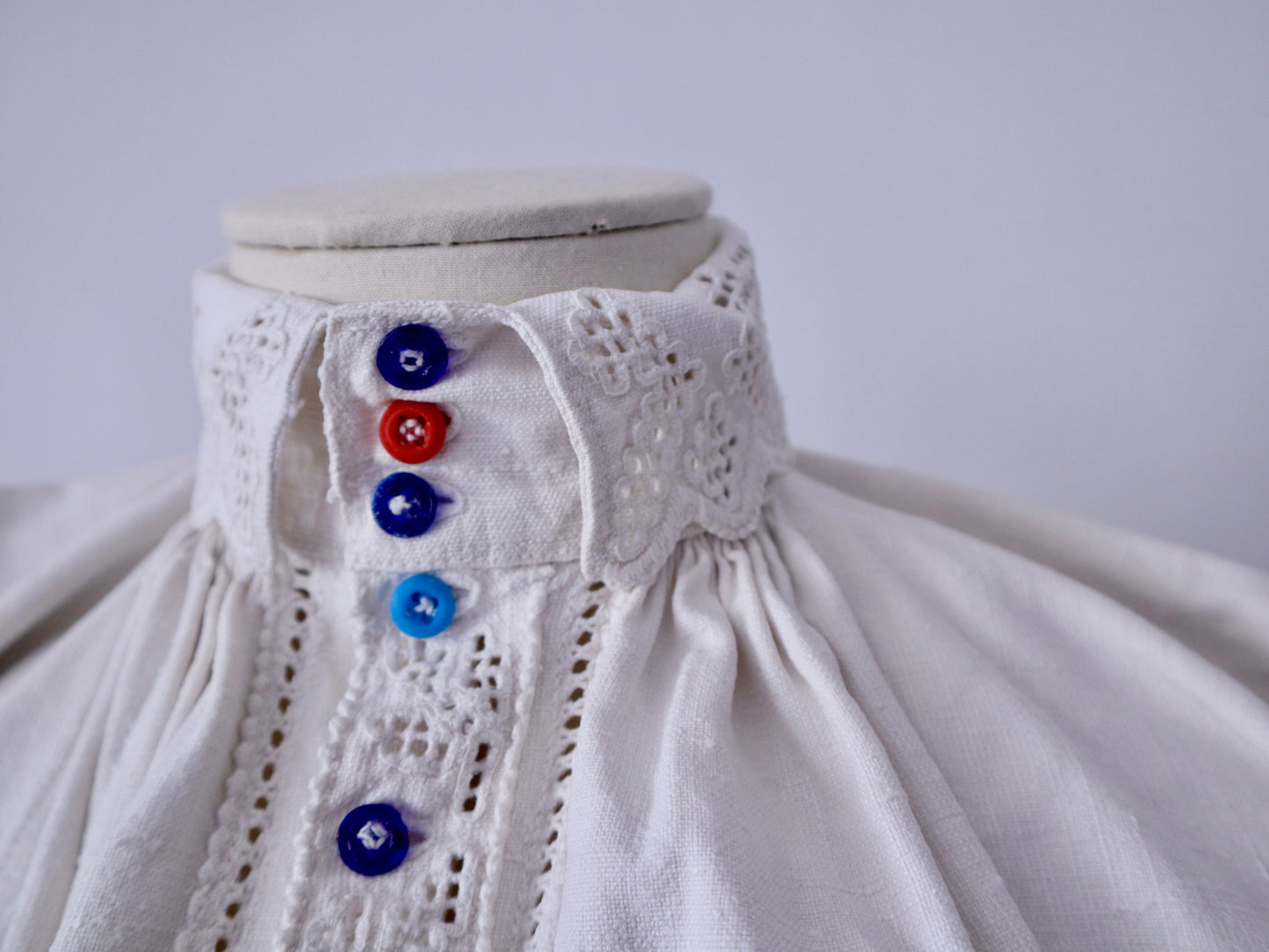 Handwoven Transylvanian Linen Folk Blouse with Cutwork Embroidery and Pressed Glass Buttons 1930s 1940s