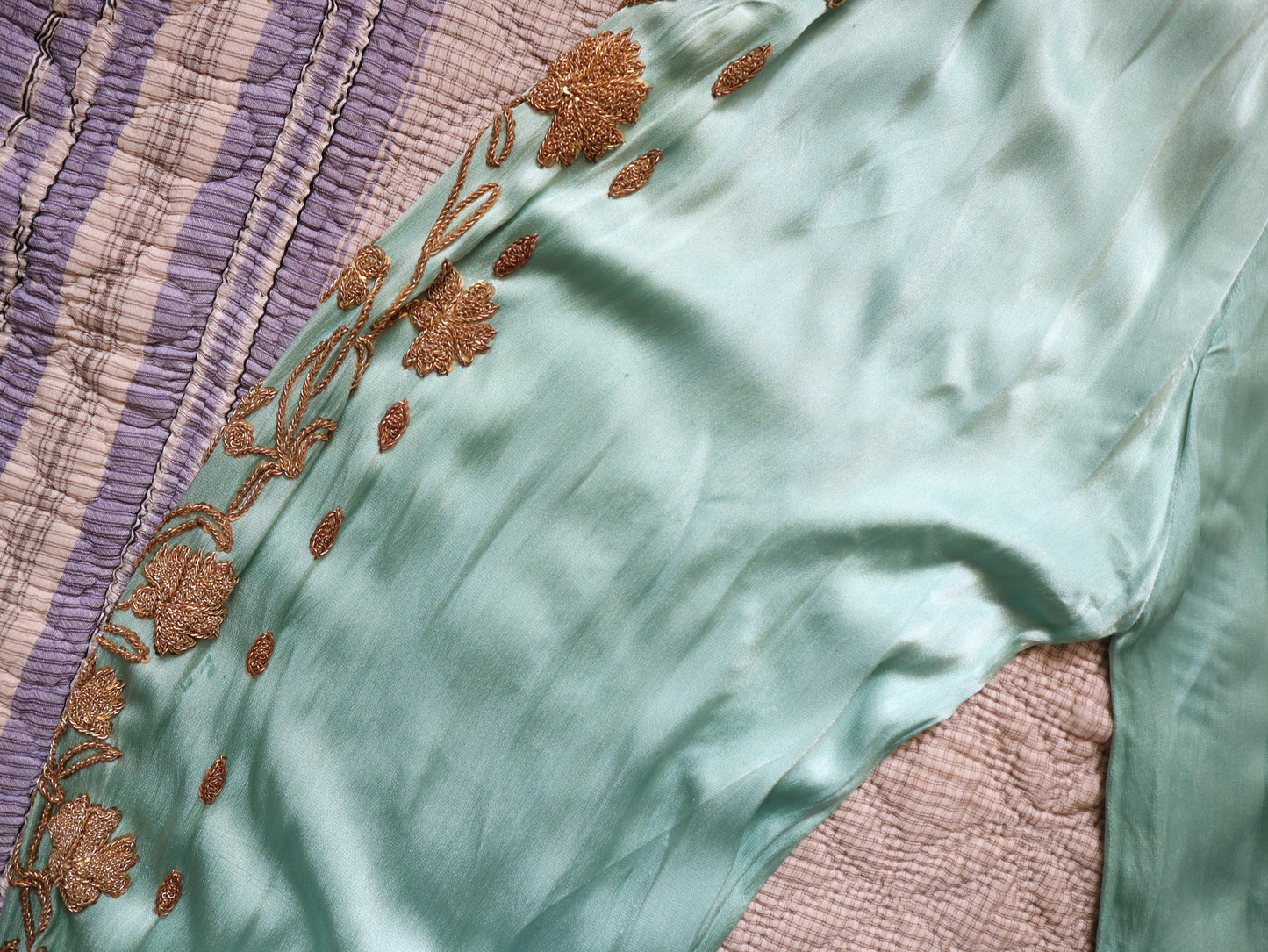 1950s Turquoise Silky Satin Two Piece Gold Beading Sequins Chiffon Sleeves Oriental Eastern