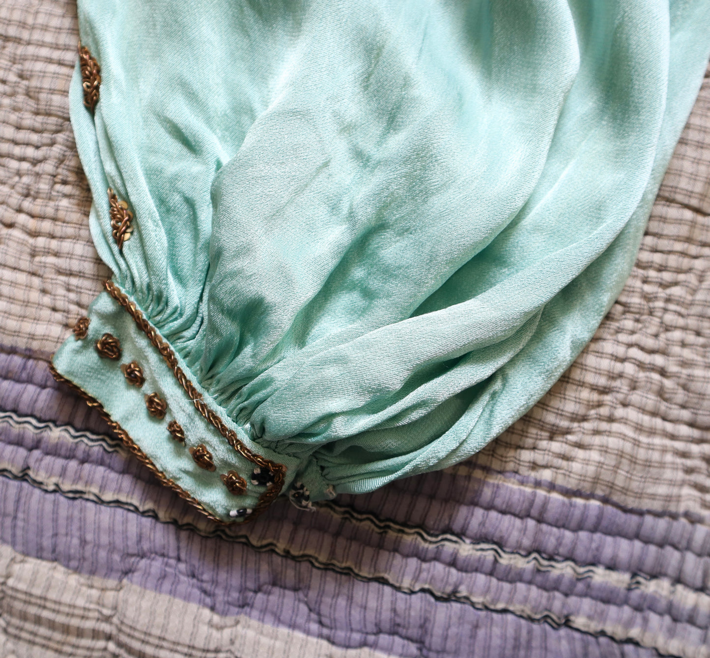 1950s Turquoise Silky Satin Two Piece Gold Beading Sequins Chiffon Sleeves Oriental Eastern