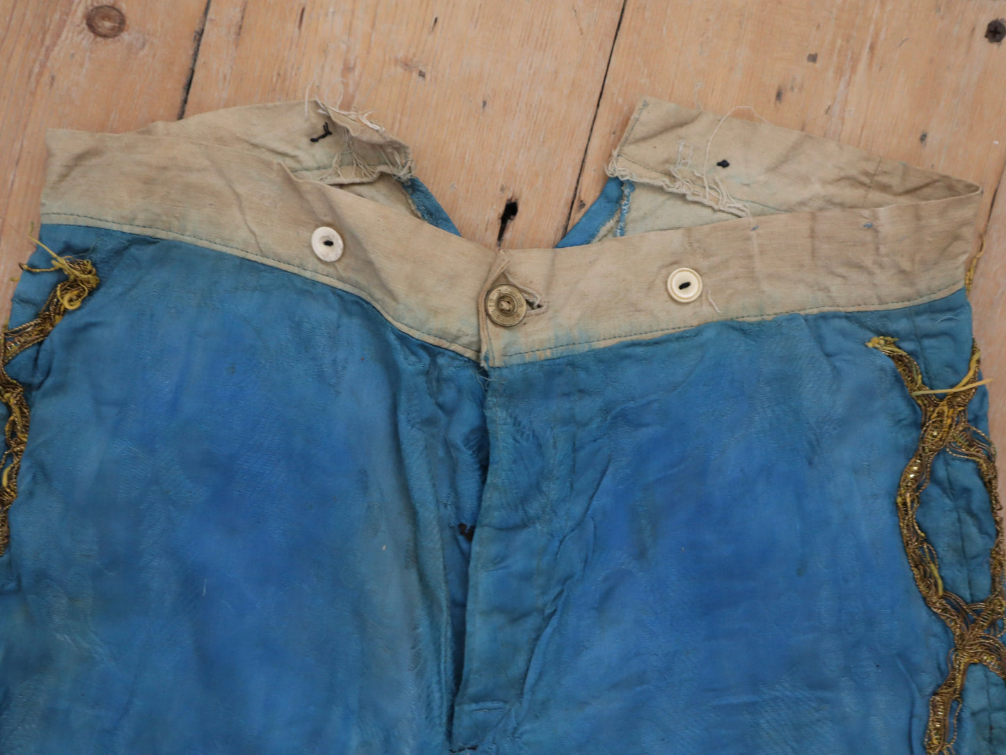 Antique French 19th Century Woven Cotton Blue Renaissance Style Breeches Trousers Pants Gold Metal Ribbon Lace Trim Theatre Opera Costume