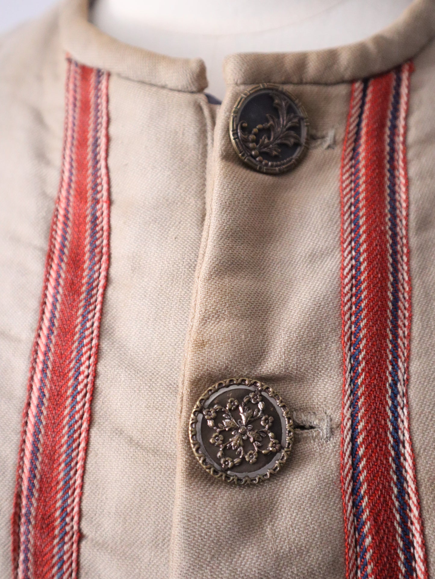 Antique French Opera Costume Jacket Grey Blue Stripe Cotton Sleeves Ribbon Trim Medieval Renaissance Metal Buttons