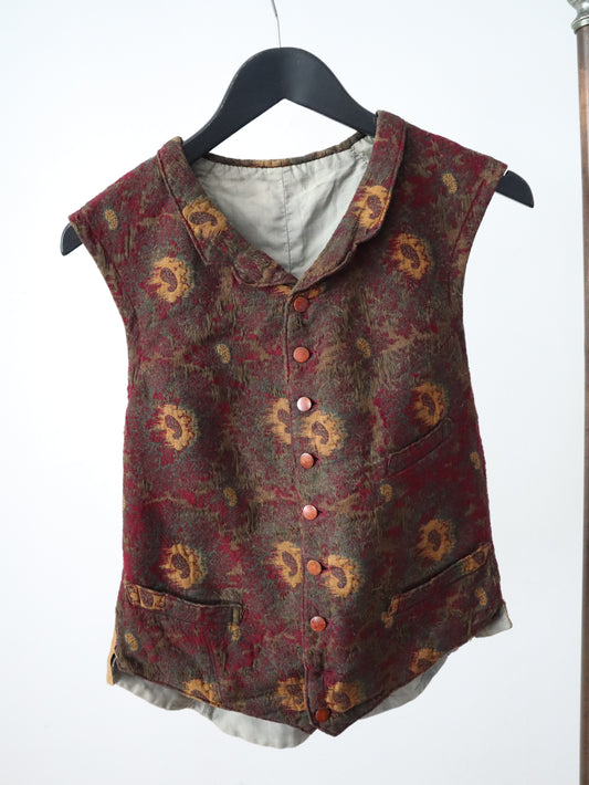 Antique French Waistcoat • Early 1900s Wool Paisley Vest • Burgundy Ochre Brown • PARIS SOLIDE Buckle • Vintage