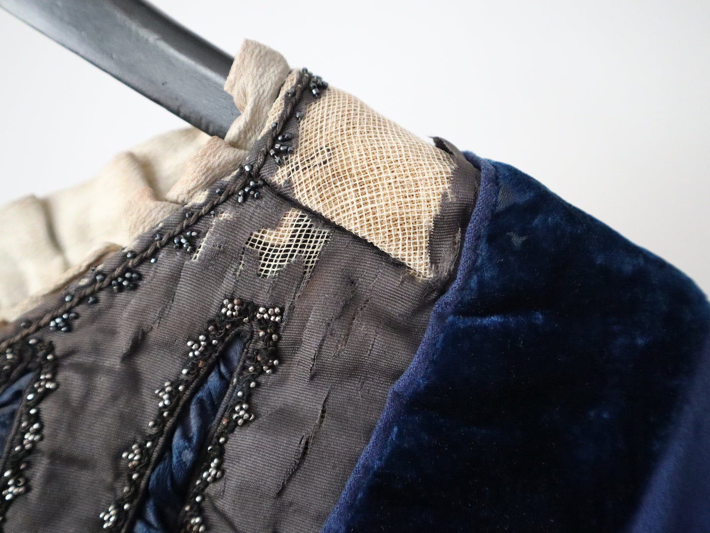 Antique French Opera Doublet Tunic Blue Wool Silk Beaded Sequins Lace Up Early 1900s Renaissance Style