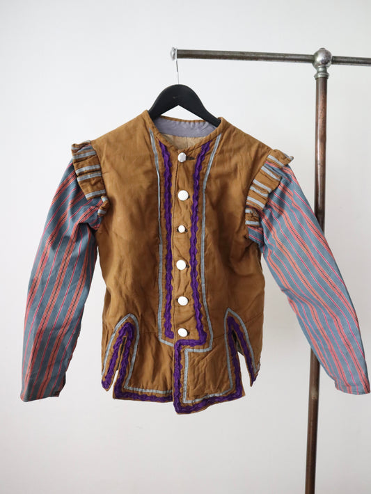 Antique French Opers Costume Jacket Brown Cotton Blue Stripe Sleeves Ribbon Trim Medieval Renaissance