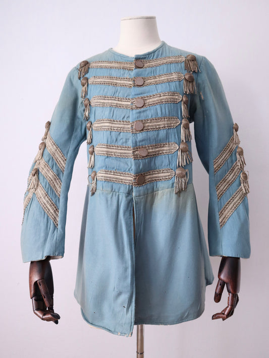 Antique 19th Century Theatrical Military-Style Jacket | Hand-Sewn Powder Blue Costume Coat  Metal Ribbon Trim Tassels