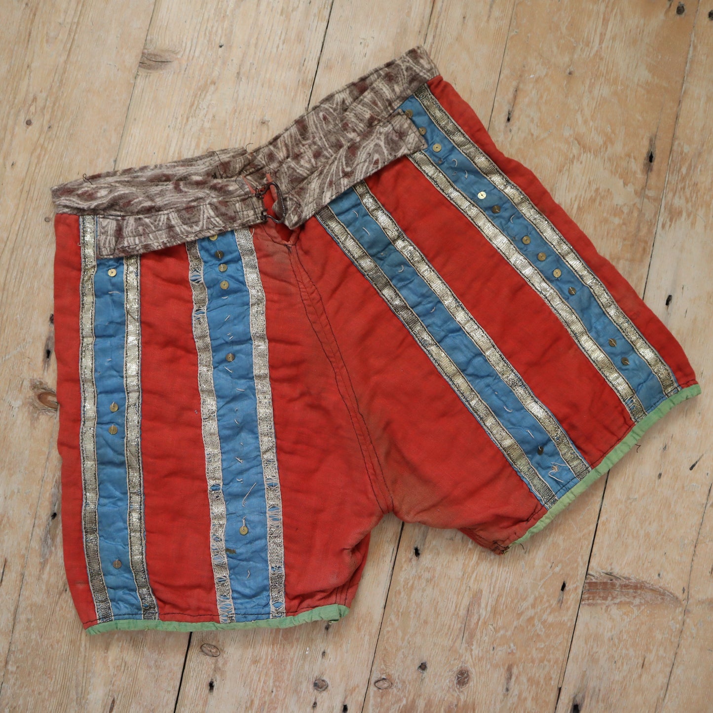 Antique 19th century French Renaissance style hose shorts, opera Theatre costume red blue silver sequins