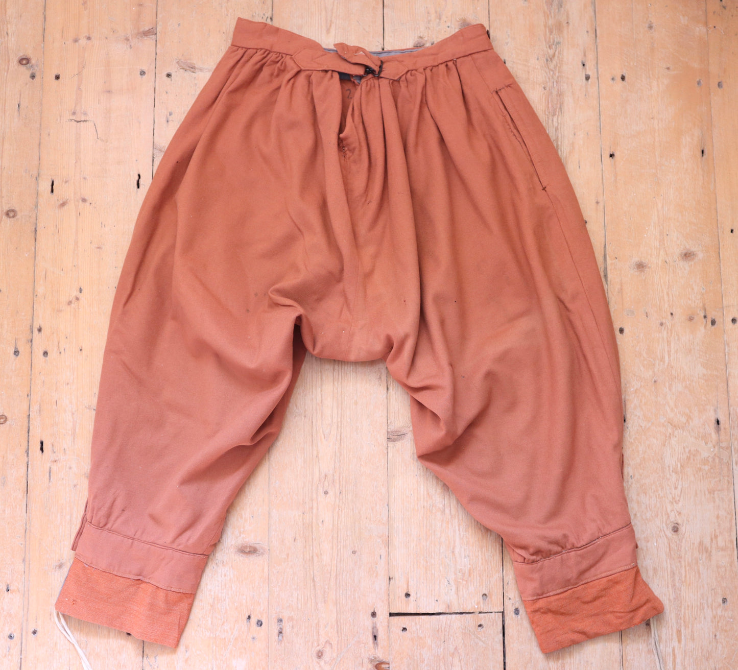 Antique 1920s French Opera Costume Trousers – Aristide Boyer, Marseille – Rust Wool Pants with Embroidered Trim, Faceted Gems & Cinch-Back Waist