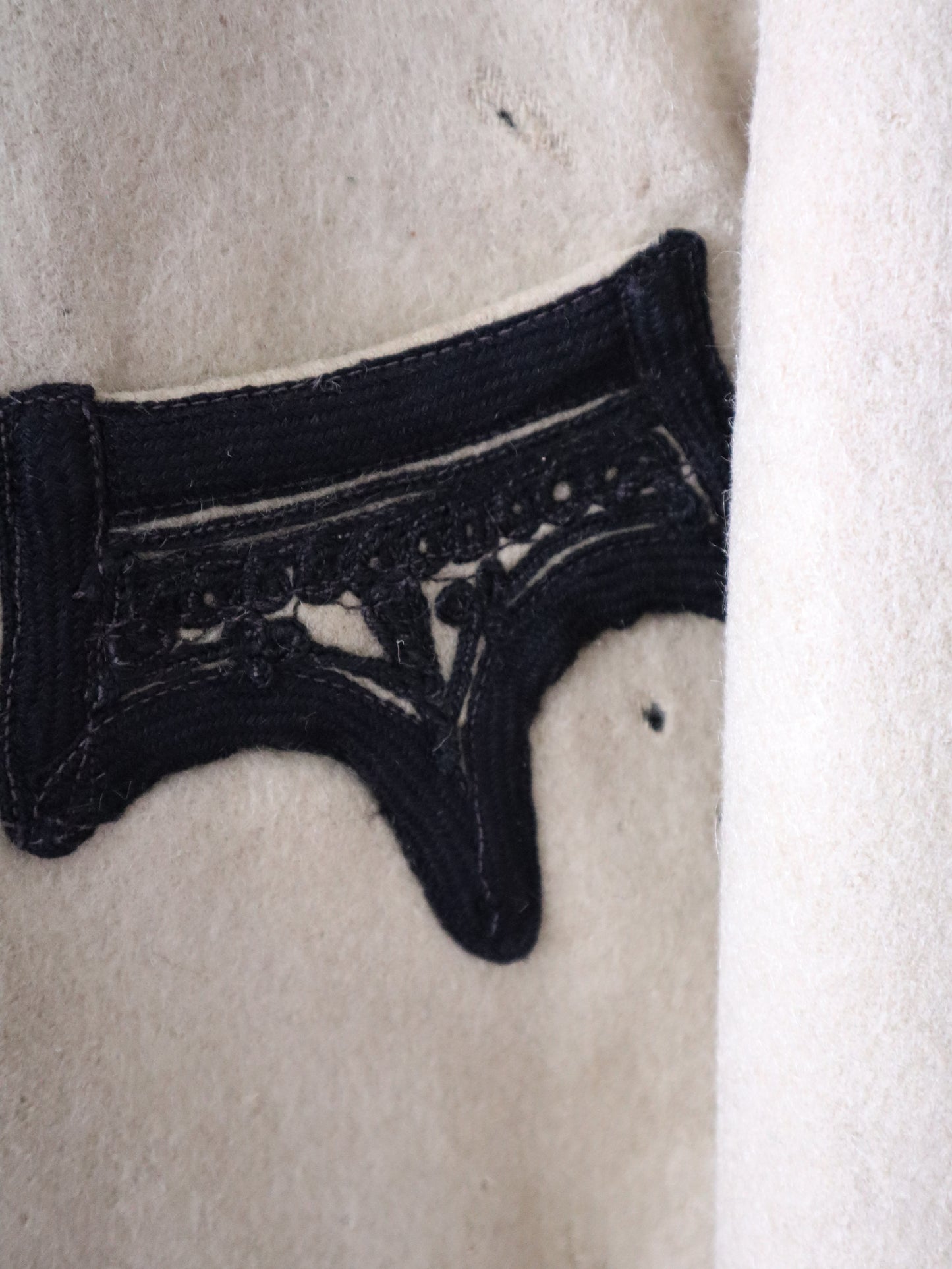 1930s Transylvanian Folk Jacket – Cream Wool with Black Soutache Embroidery – Indigo Cotton Twill Lining – Traditional Vintage Coat
