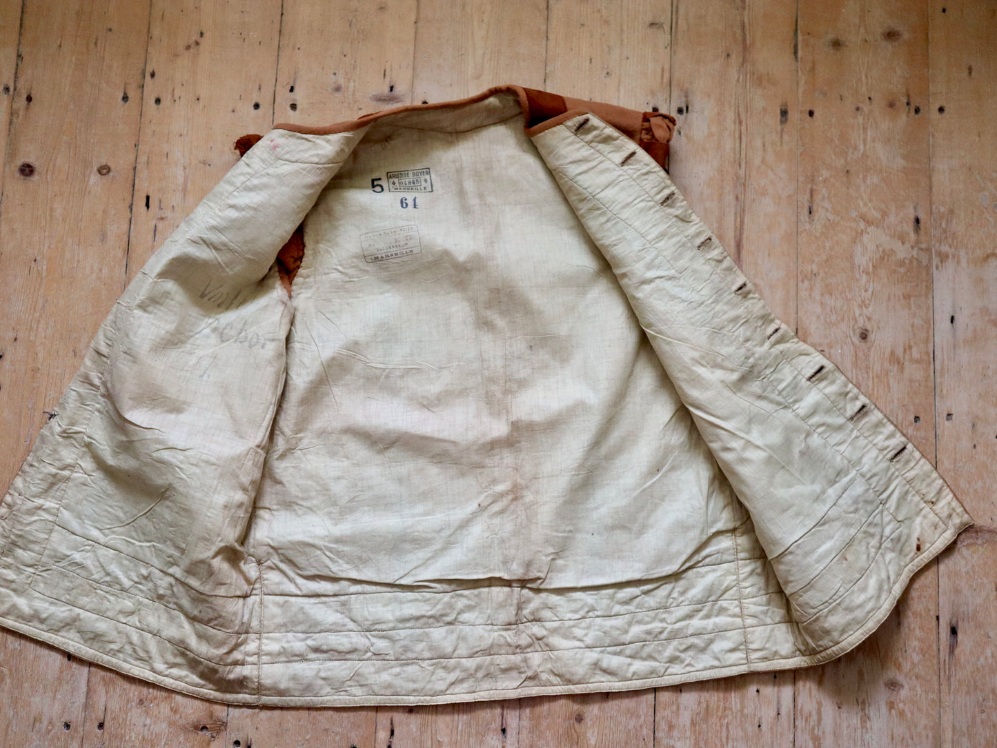 Antique French Opera Costume Tunic Gilet Wool Apricot Brown Silk Velvet Trim Medieval Renaissance