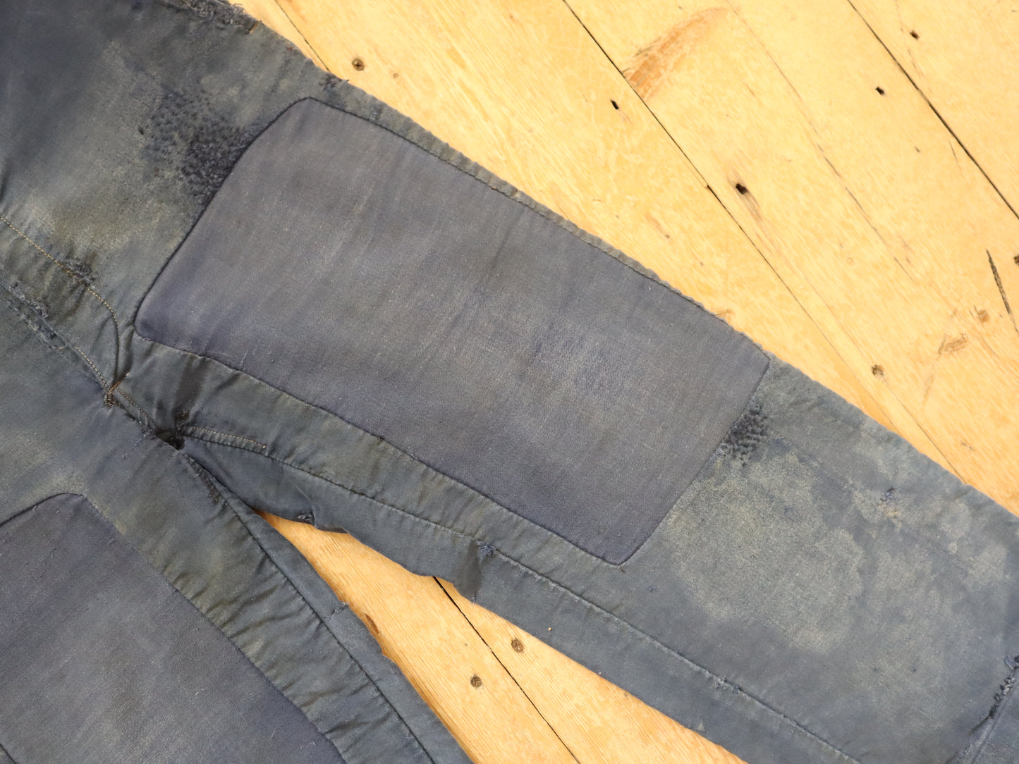 French Le Mont St Michel Blue Moleskin Workwear Trousers Pants Repairs Darned 1950s