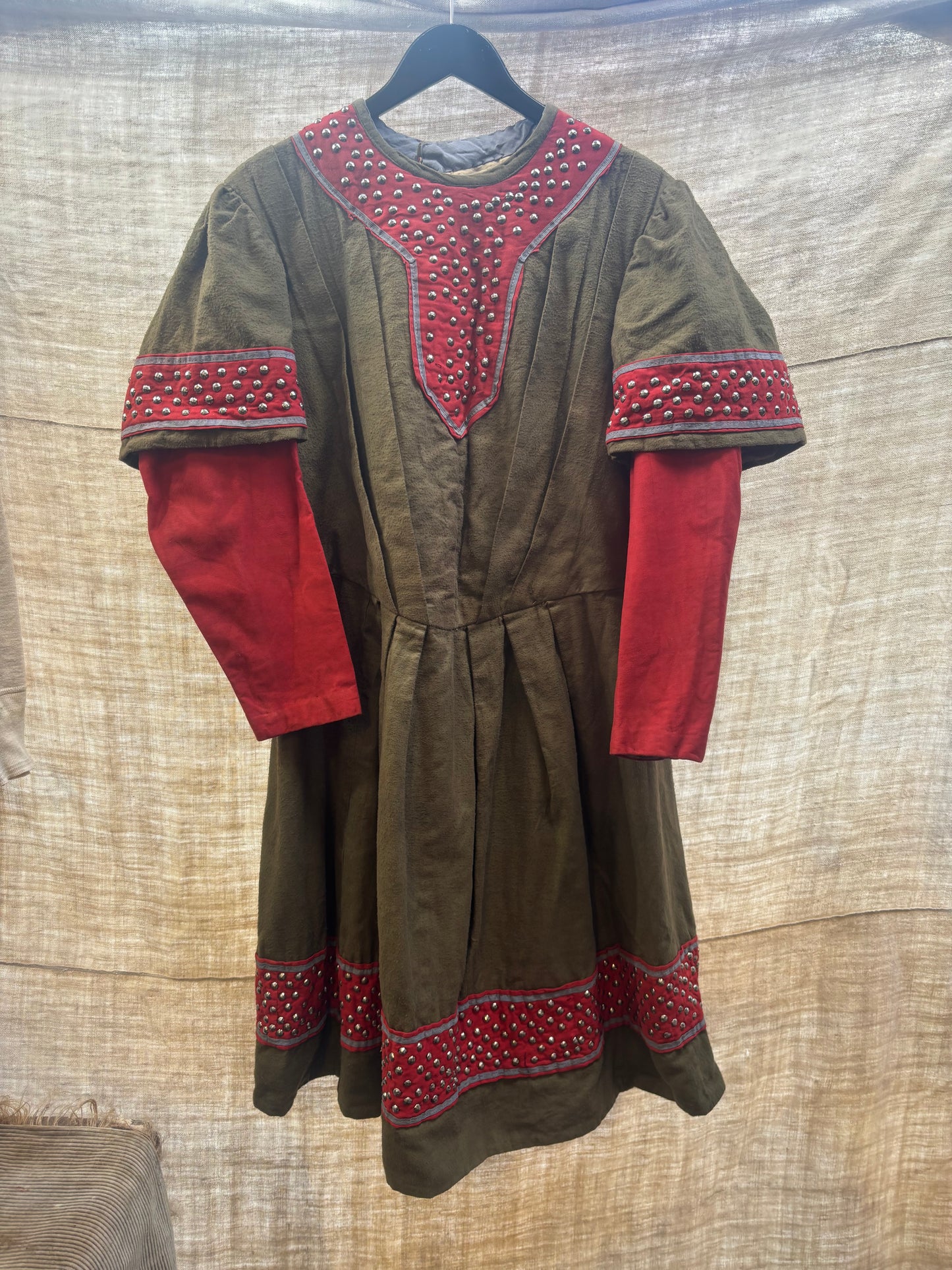 Antique French Opera Costume Tunic Vermillion Olive Studded Renaissance Medieval