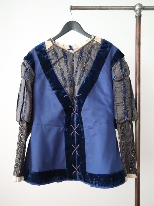 Antique French Opera Doublet Tunic Blue Wool Silk Beaded Sequins Lace Up Early 1900s Renaissance Style