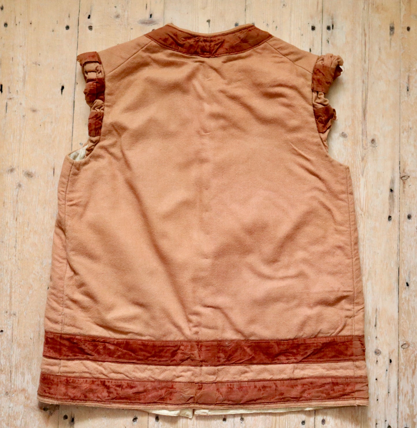 Antique French Opera Costume Tunic Gilet Wool Apricot Brown Silk Velvet Trim Medieval Renaissance