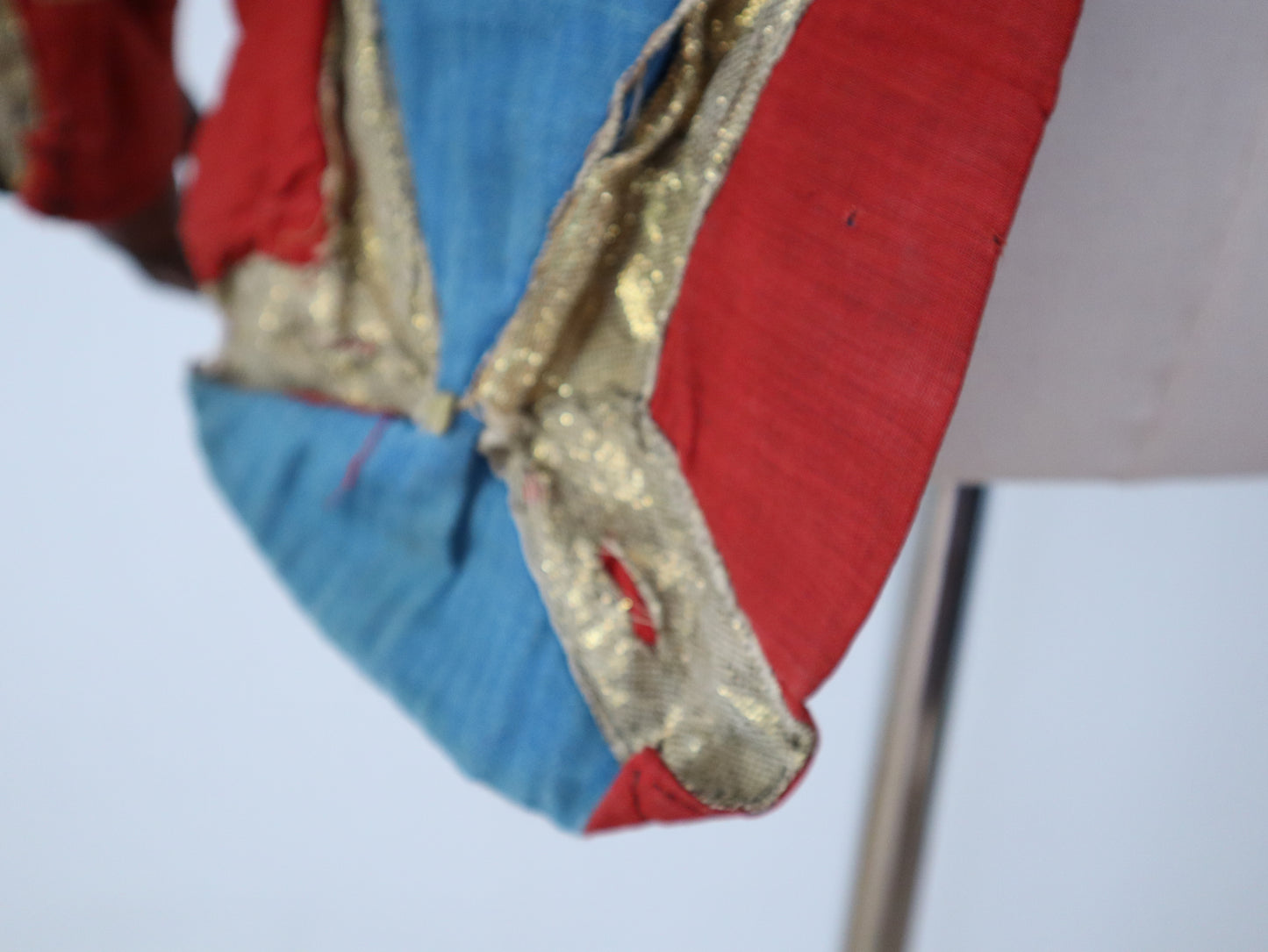 Antique French Theatre Costume 19th Century Military Style Indigo Blue Red Sun Fade Gold Ribbon Trim Brass Buttons
