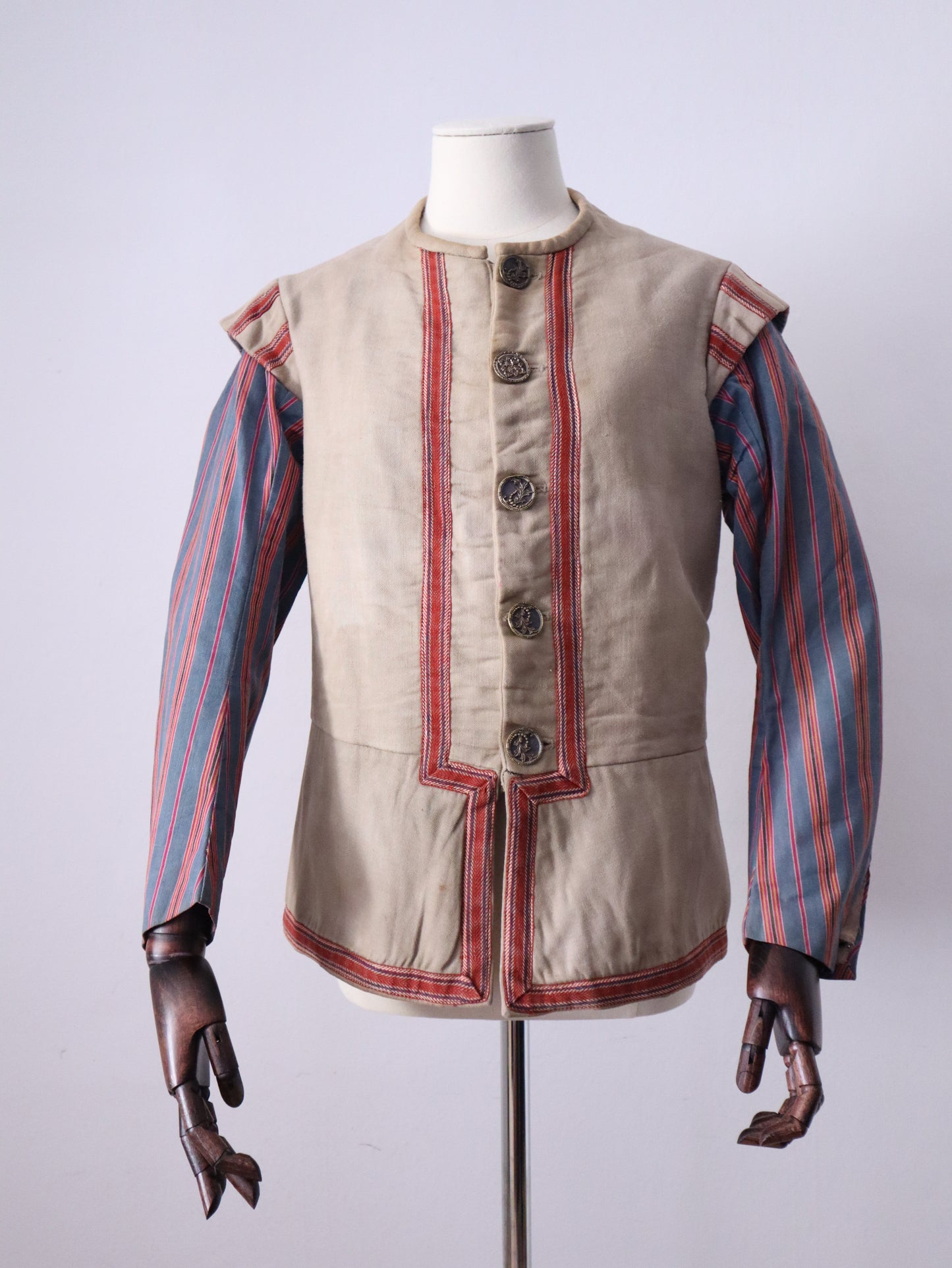 Antique French Opera Costume Jacket Grey Blue Stripe Cotton Sleeves Ribbon Trim Medieval Renaissance Metal Buttons
