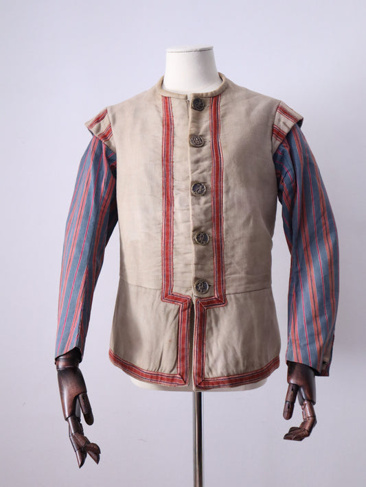 Antique French Opera Costume Jacket Grey Blue Stripe Cotton Sleeves Ribbon Trim Medieval Renaissance Metal Buttons